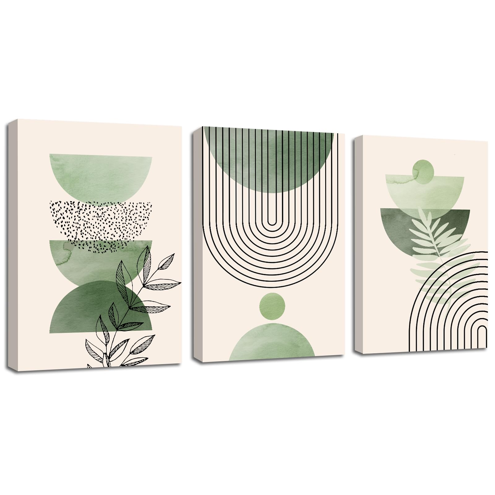 3 Quadri Moderni Verde Salvia Boho su Tela con Cornice