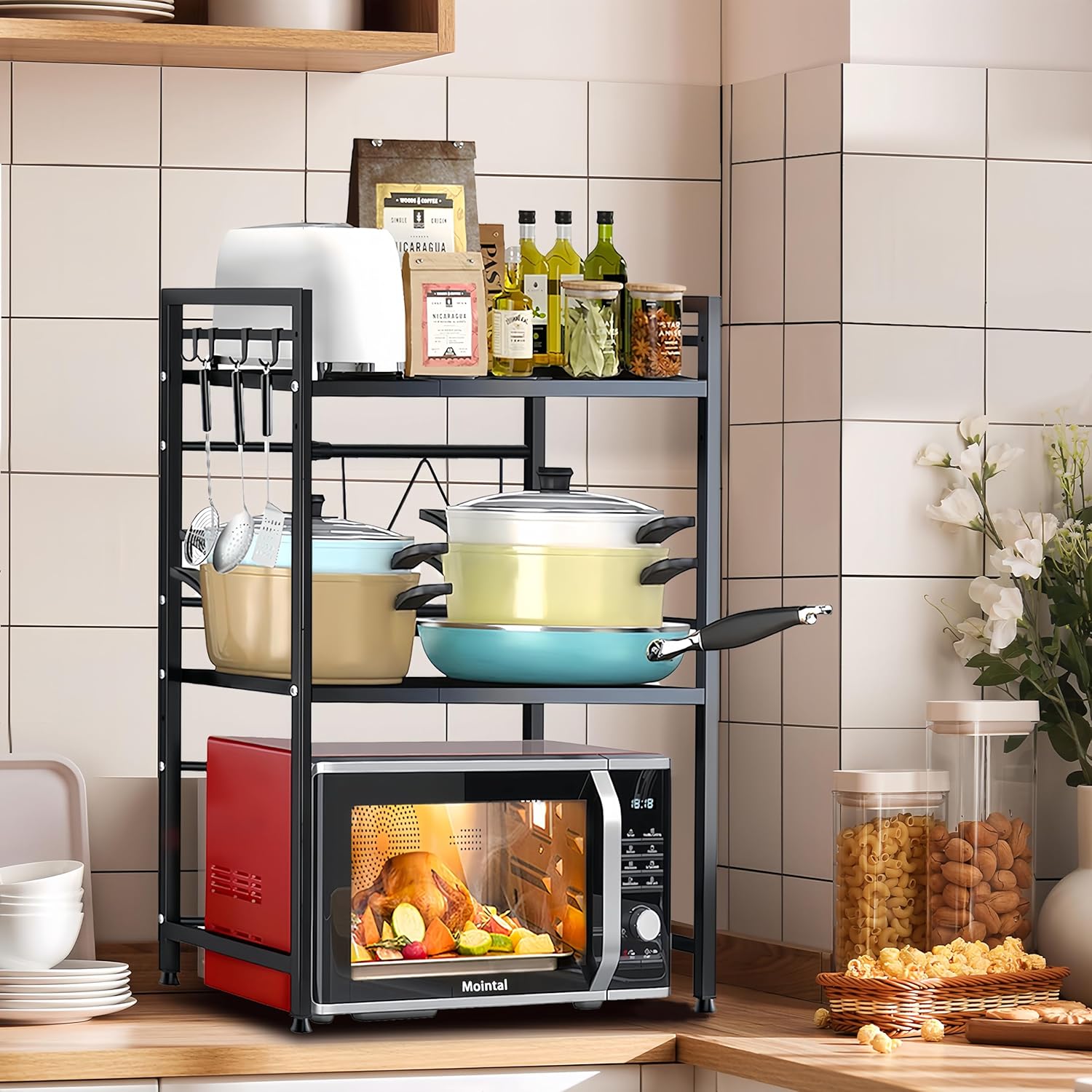 Mointal Scaffale Microonde Espandibile 3 Livelli, Nero - immagine 2