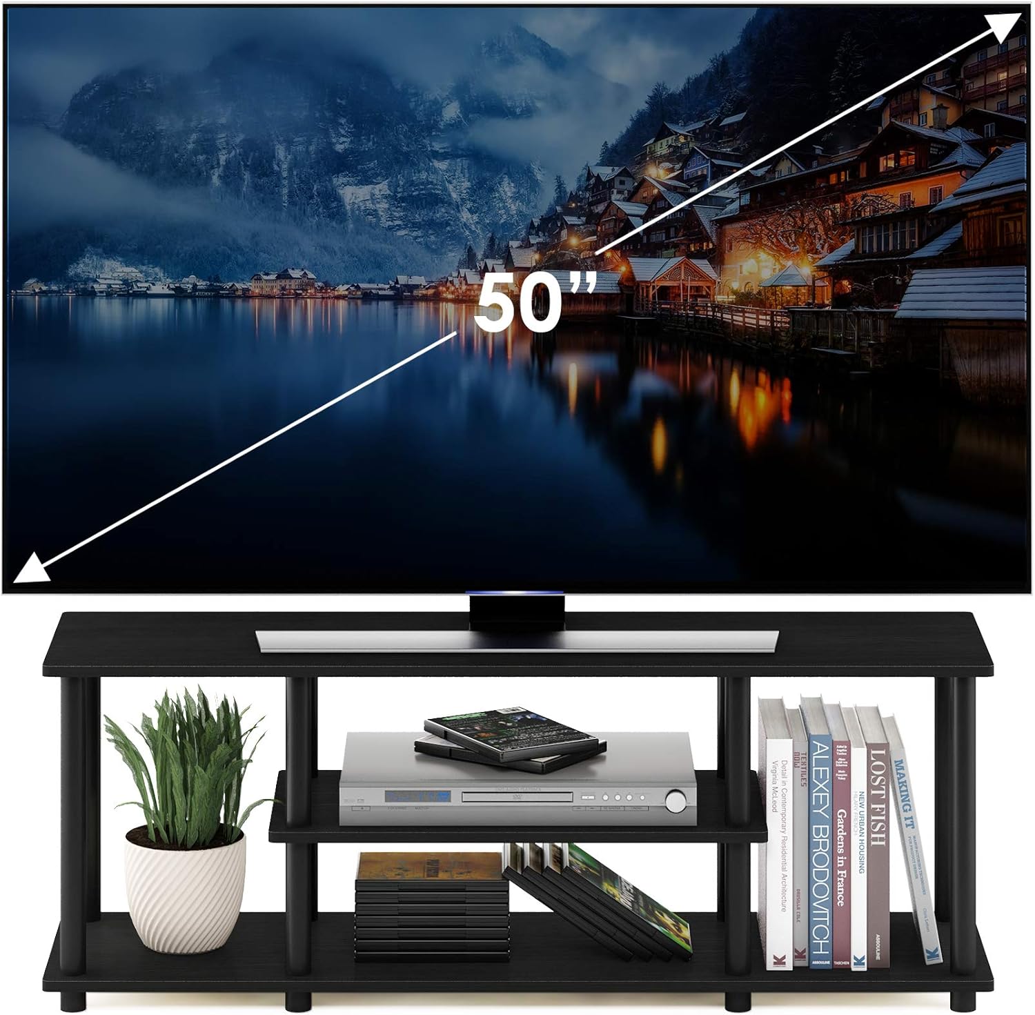 Furinno Supporti TV di Intrattenimento a 3 Livelli, Walnut/Black, 140 cm - immagine 6