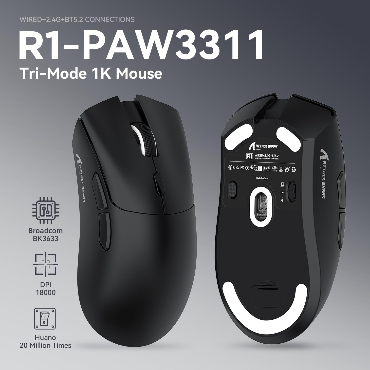 Attack Shark Mouse R1 SUPERLIGHT 59g, Nero - immagine 2