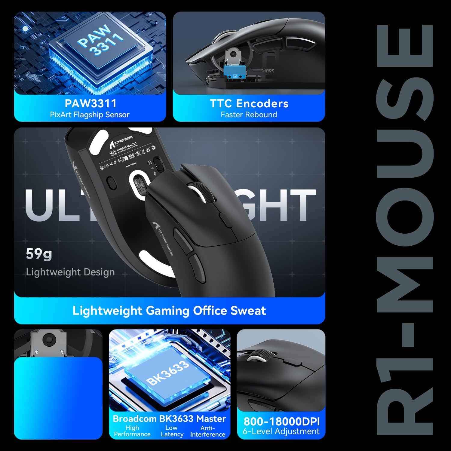 Attack Shark Mouse R1 SUPERLIGHT 59g, Nero - immagine 3