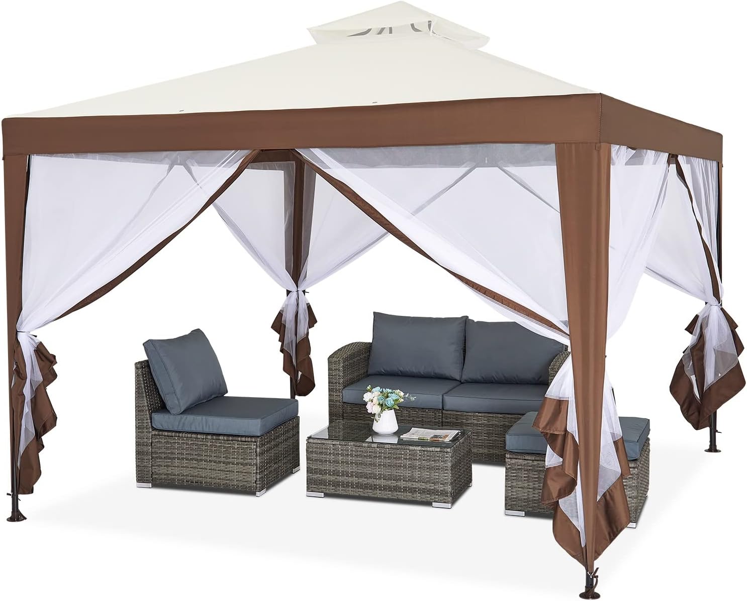 Mondeer Gazebo da Giardino 3x3m, Beige e Marrone
