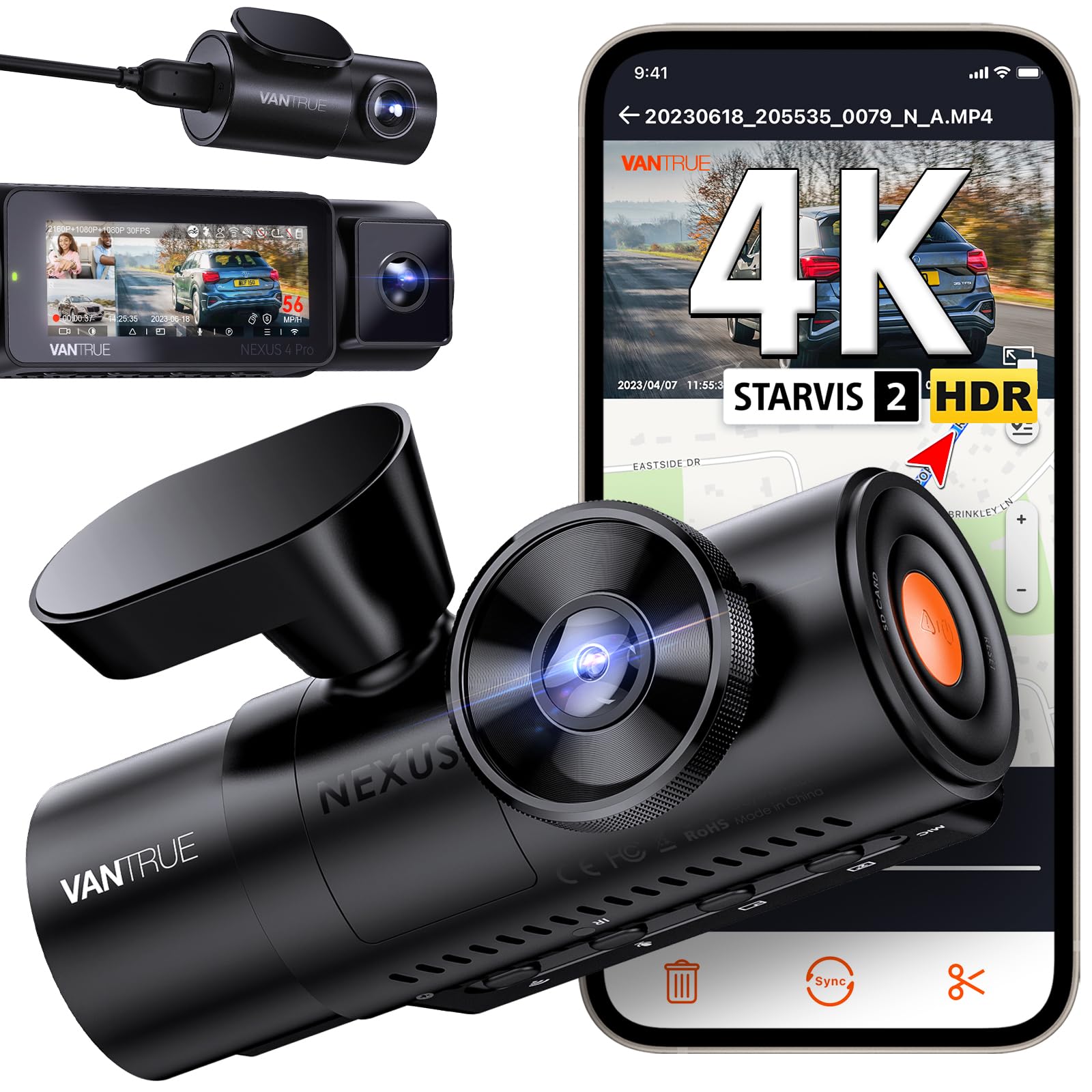 Vantrue N4 Pro Dash Cam 4K +1080P+1080P 3 Lenti STARVIS 2
