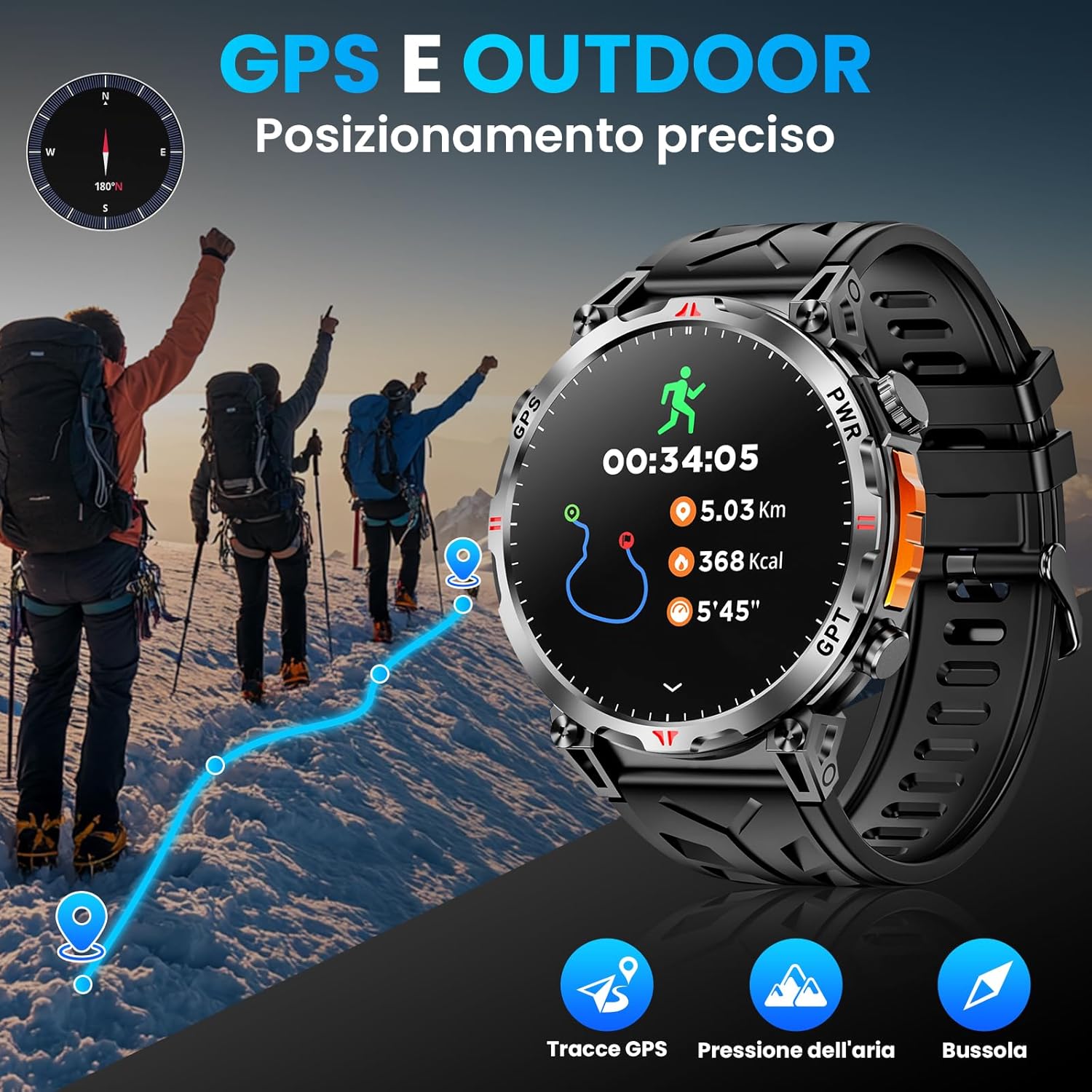 Orologio Smart Militare con GPS/Bussola, Nero - immagine 2