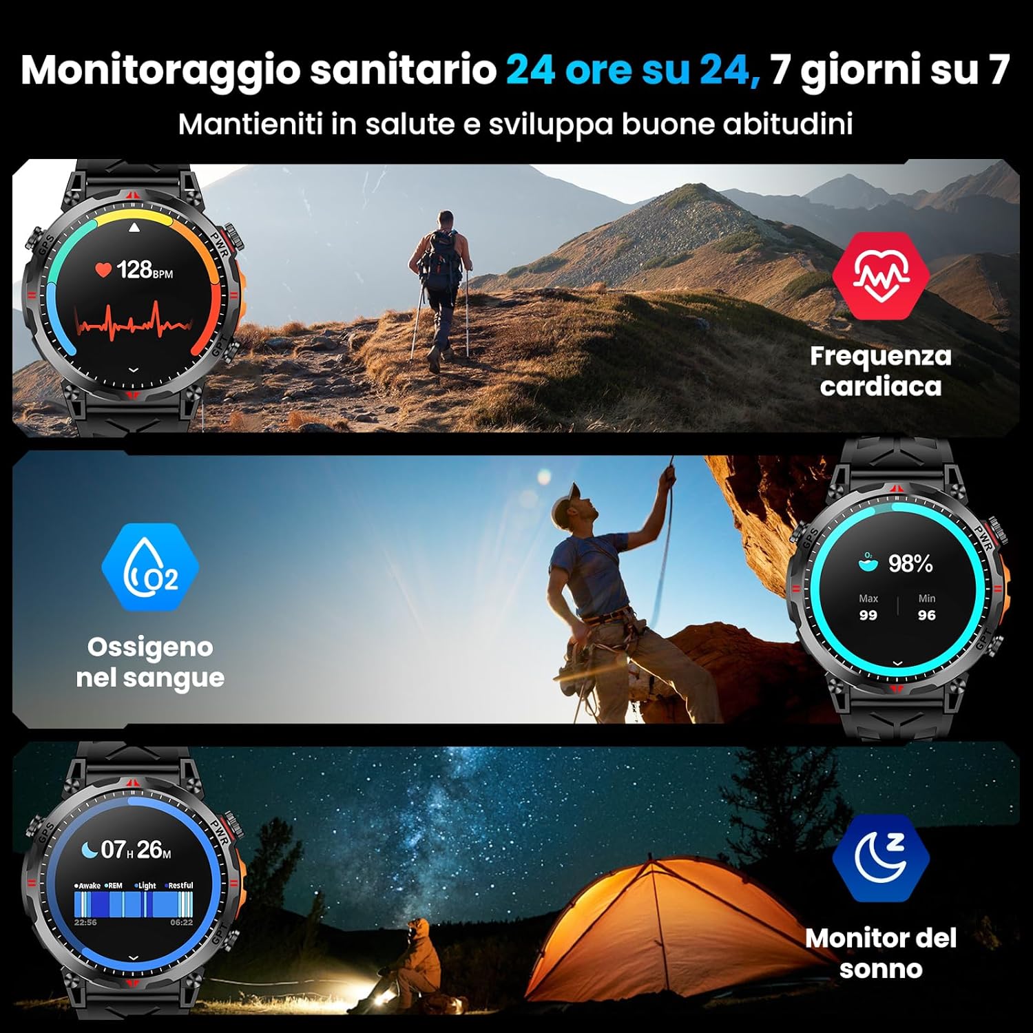 Orologio Smart Militare con GPS/Bussola, Nero - immagine 7