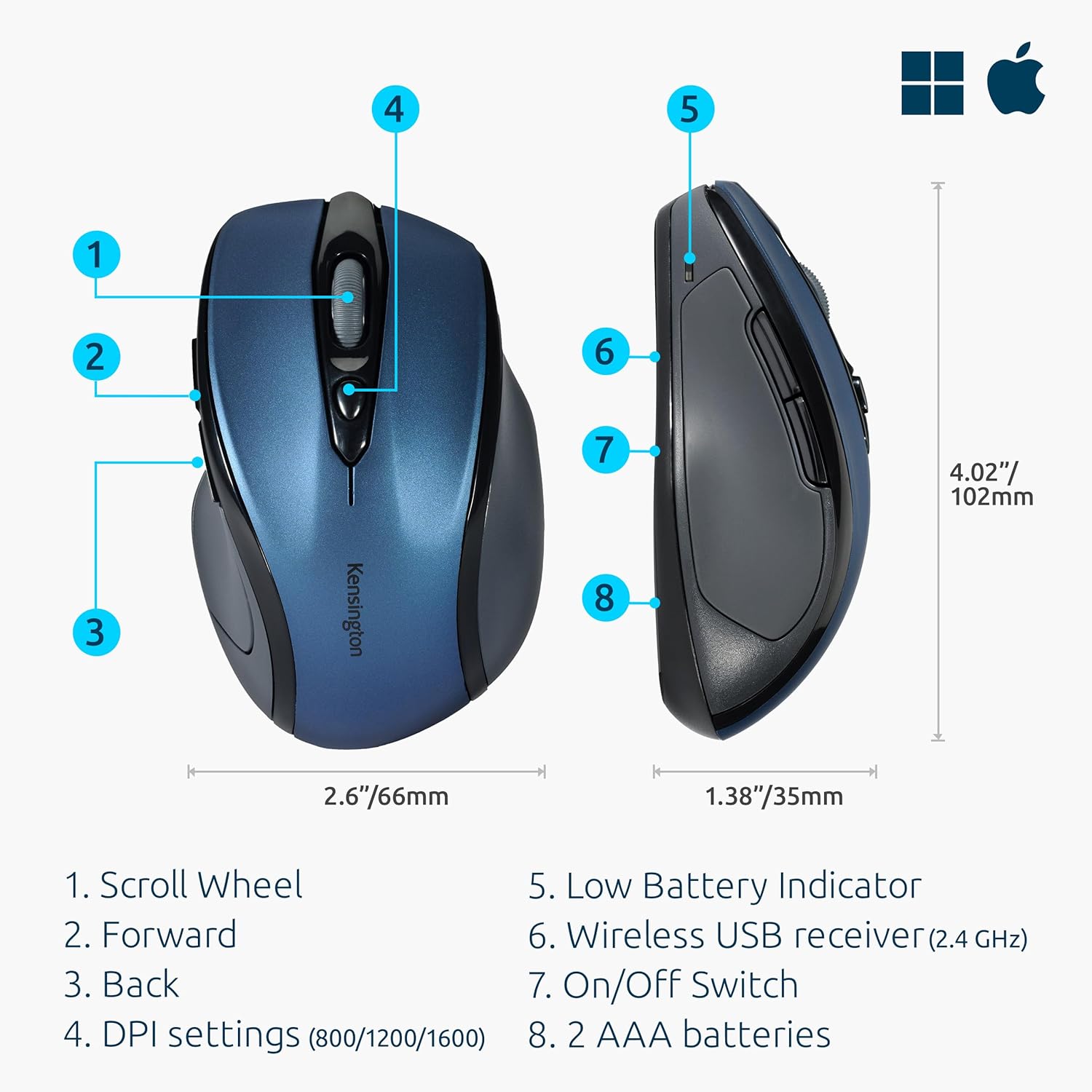Kensington Mouse Pro Fit Wireless Ottico Blu - immagine 3