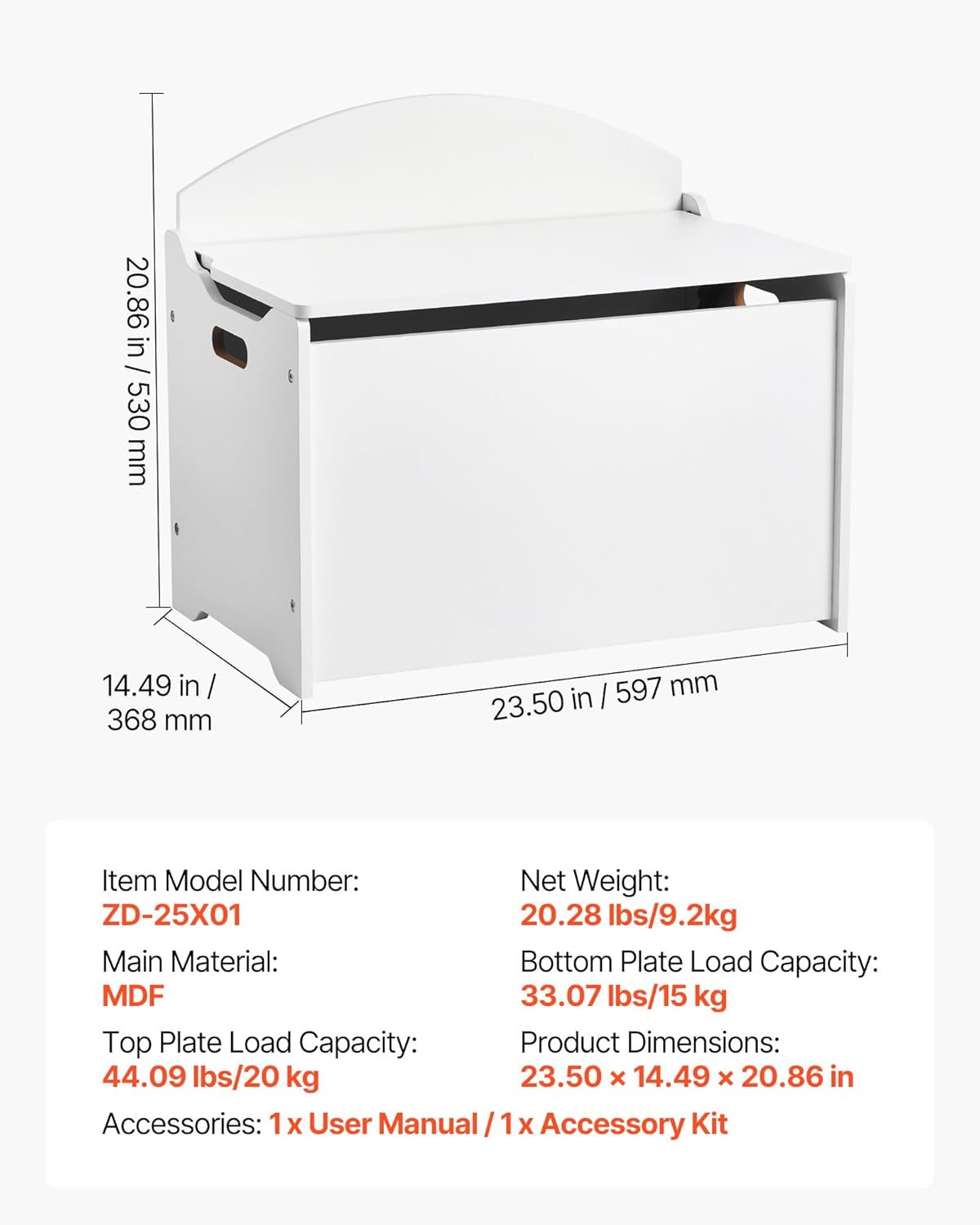 VEVOR Baule Portagiochi con Coperchio 597x368x545mm, Bianco - immagine 3
