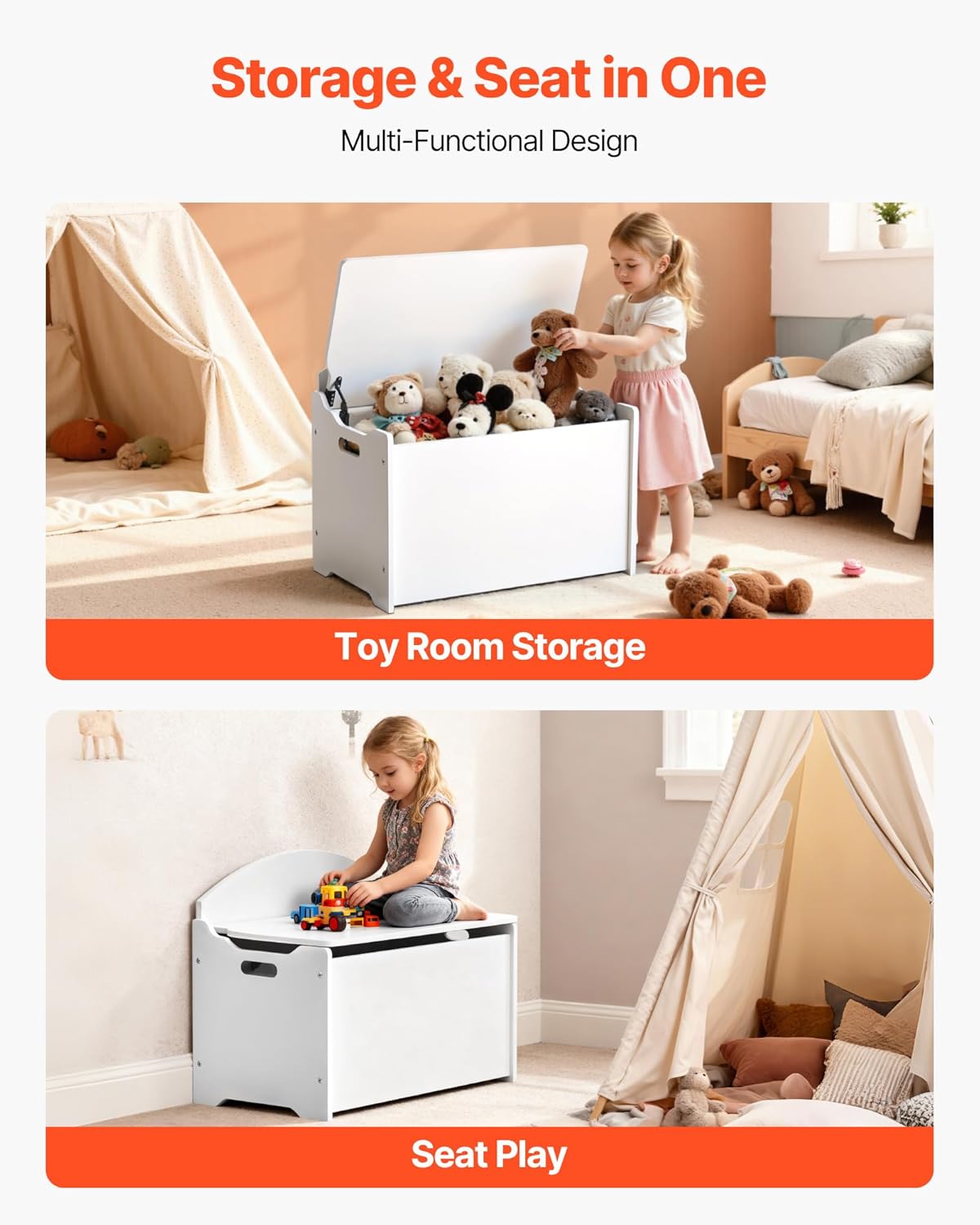 VEVOR Baule Portagiochi con Coperchio 597x368x545mm, Bianco - immagine 4