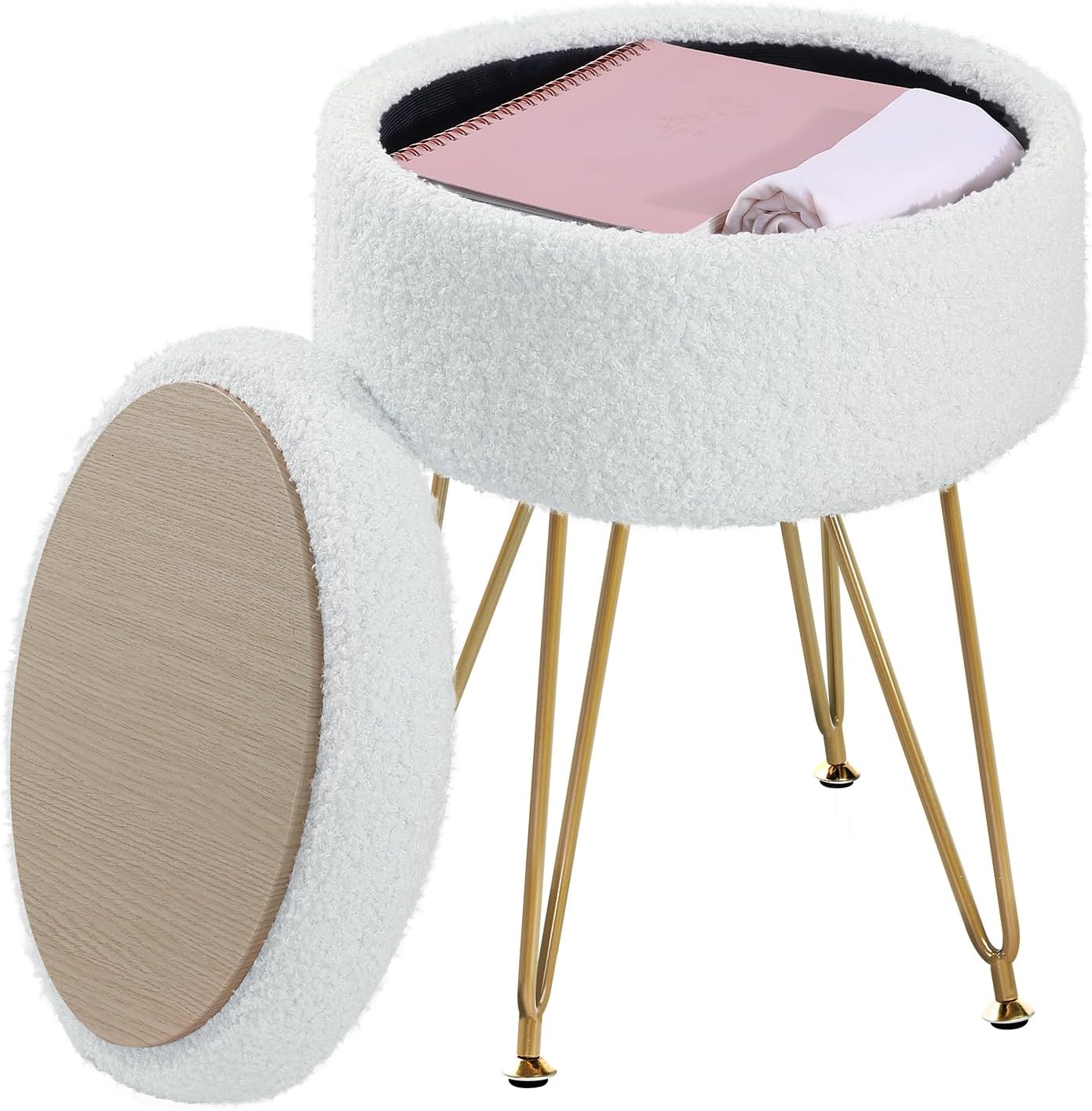 Abheng Pouf Contenitore Rotondo 32x32x44 cm, Bianco Crema