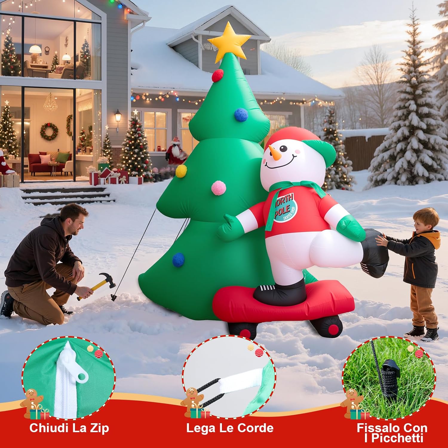 Pupazzo di Neve Gonfiabile 213cm con Snowboard - immagine 6