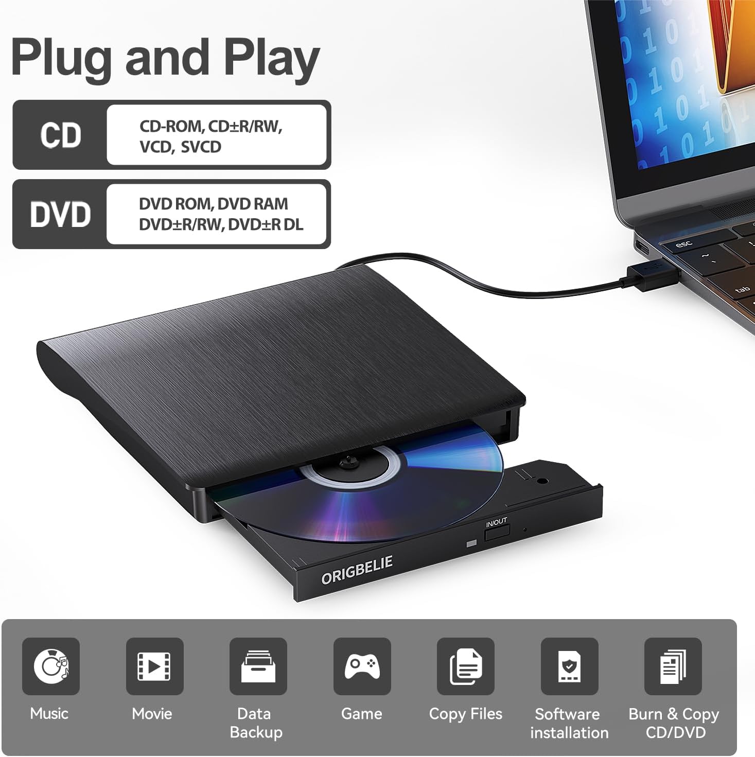 Origbelie Masterizzatore DVD Esterno USB 3.0 Type-C - immagine 2