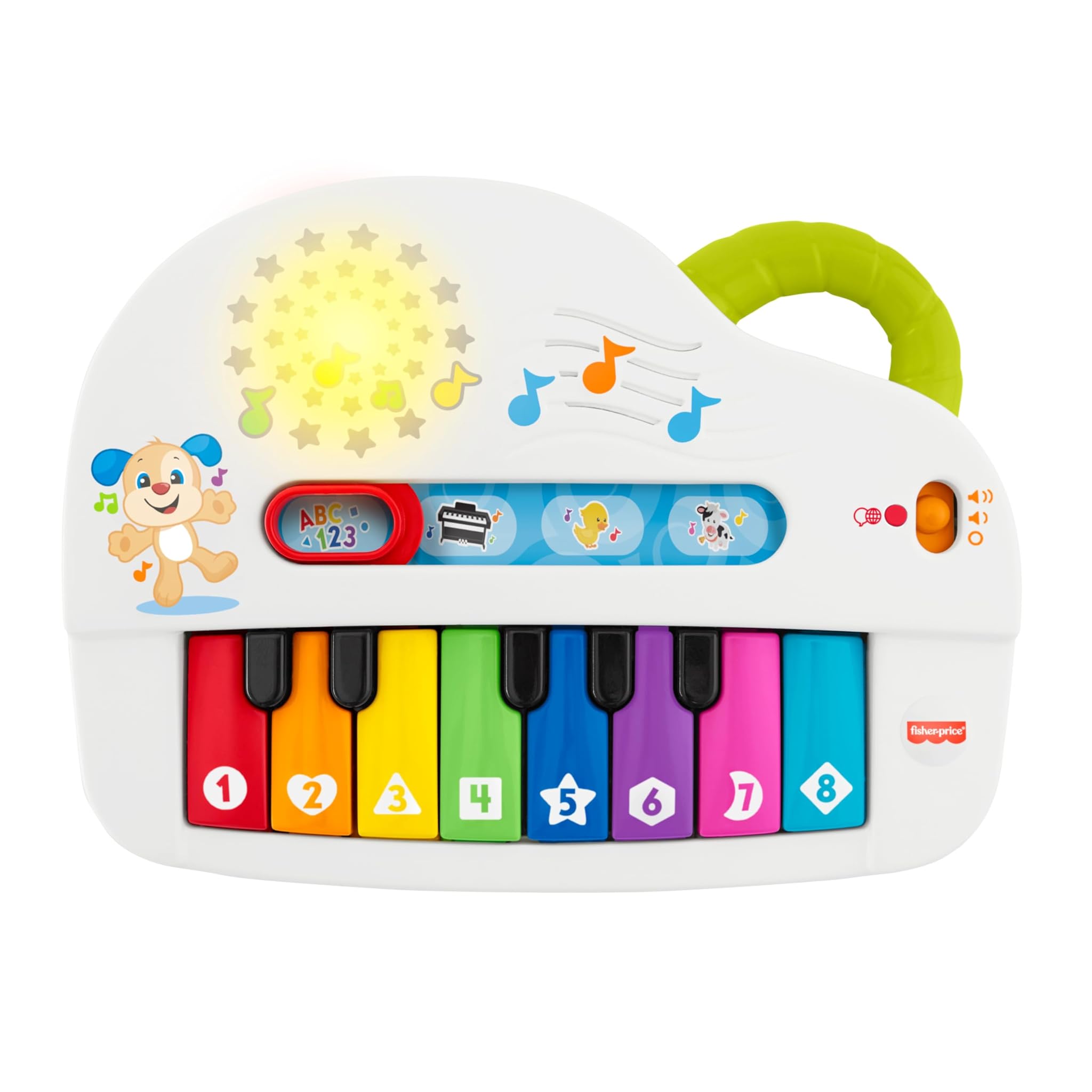 Fisher-Price - Pianoforte di Cagnolino, 4 modalità di gioco con luci e vere note musicali, riproduce i versi degli animali e tante canzoncine divertenti, edizione multilingue, 6+ mesi, GFK03