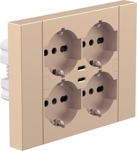 Electraline 22147 Multipresa da incasso Quadra 4 Posti Universali P40 + 2 USB-C, compatibile con tutte le scatole da incasso 3 posti (muratura o cartongesso), Champagne