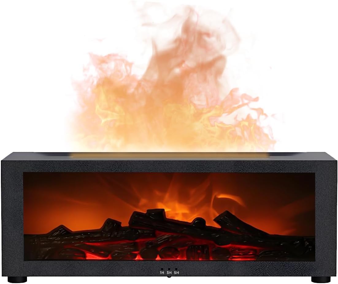 Qumox Diffusore di Aroma a Camino con Fiamma – Umidificatore ad Ultrasuoni 150ml con Luci LED a 7 Colori, Diffusore di Oli Essenziali, Telecomando, Spegnimento Programmato, Protezione Senza Acqua per