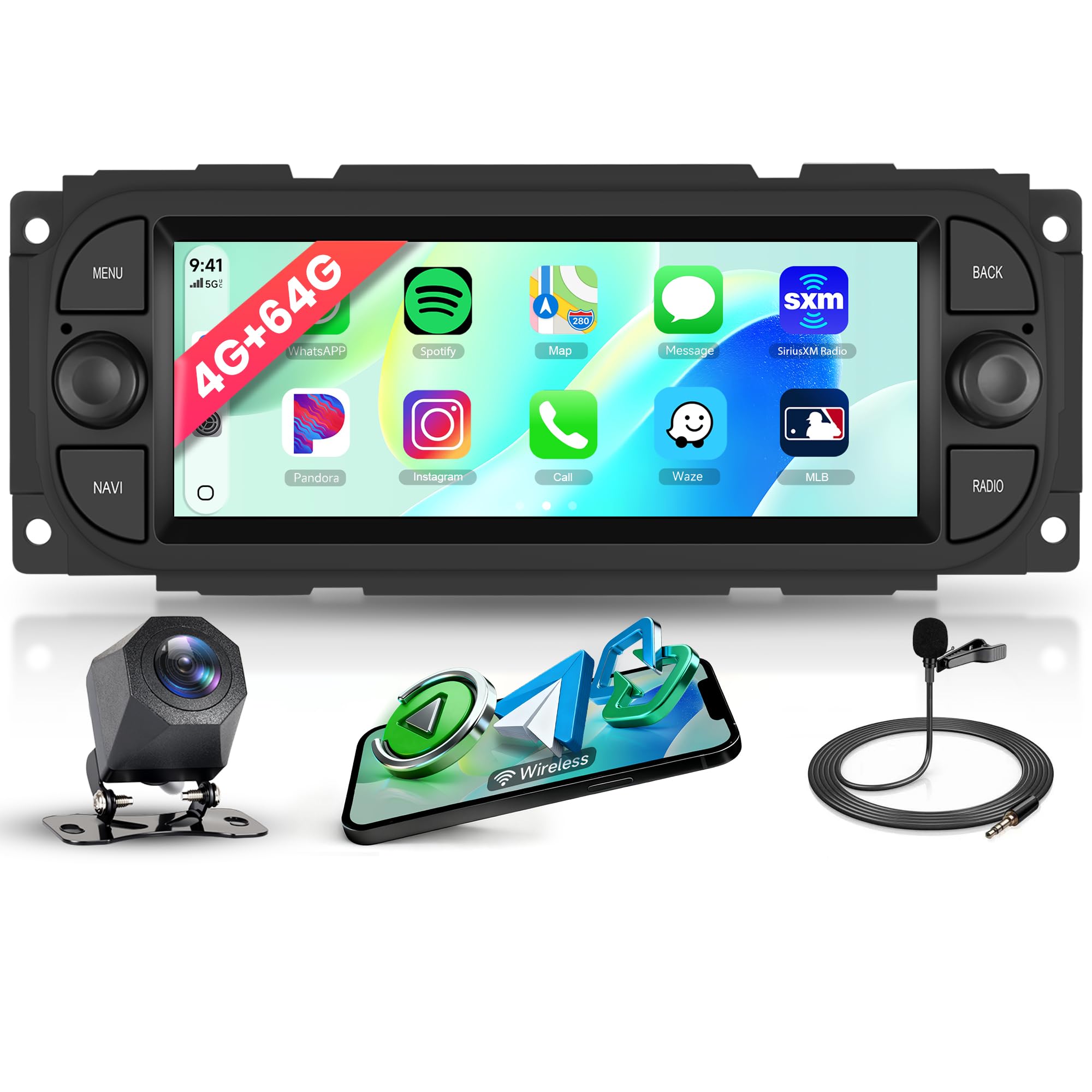 4G+64G Android Autoradio per Jeep Grand Cherokee Wrangler Liberty Chrysler Grand Voyager 300M PT Cruiser RAM 1500 2500 Wireless Carplay Android Auto 6.86 Pollici Radio Navi WIFI Bluetooth FM/RDS 32 EQ