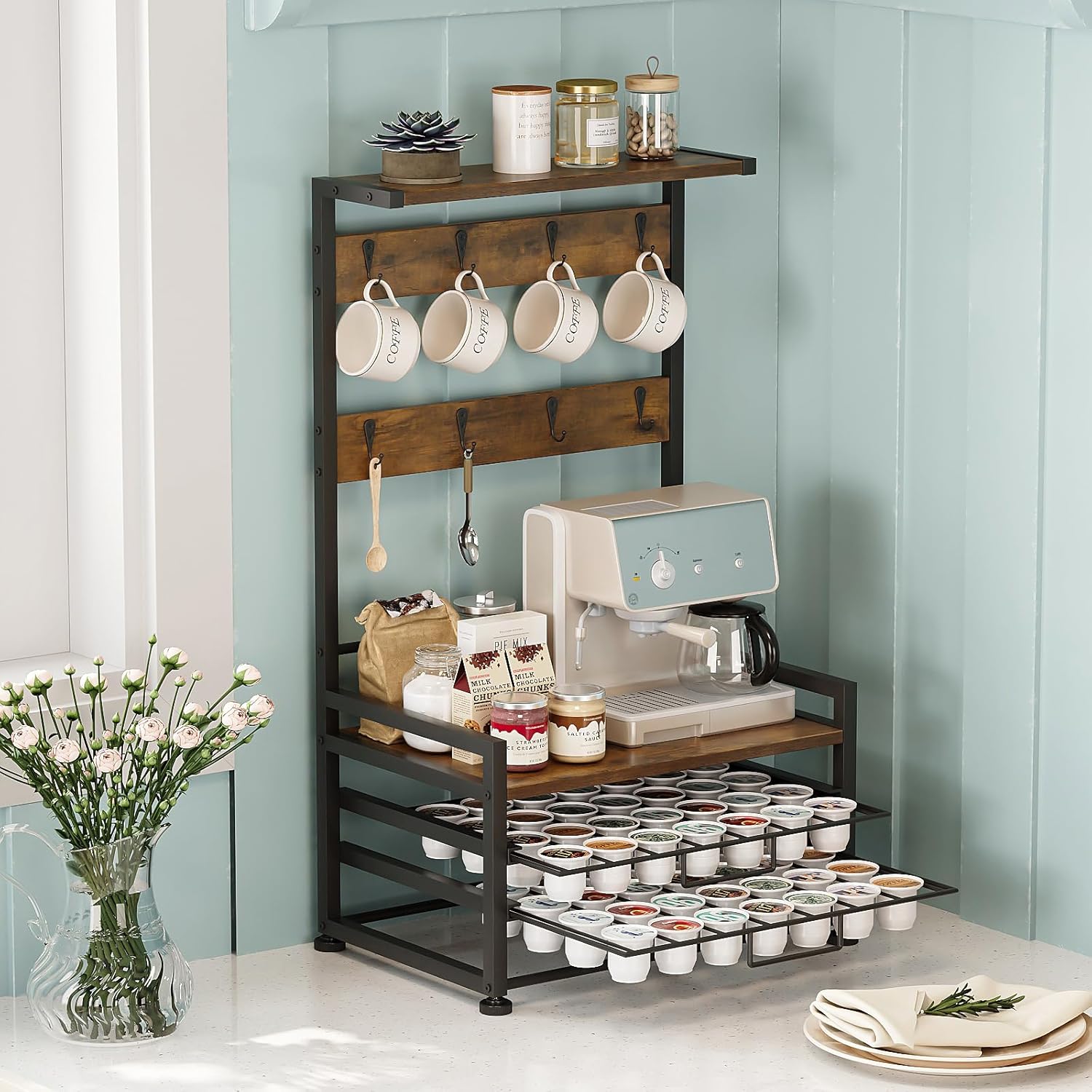 Porta Capsule Caffè 3 Ripiani con Cassetto, Marrone - immagine 1