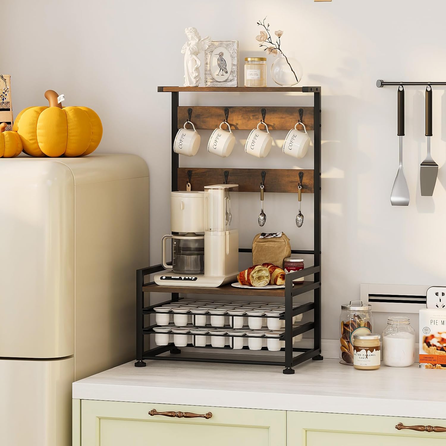 Porta Capsule Caffè 3 Ripiani con Cassetto, Marrone - immagine 4