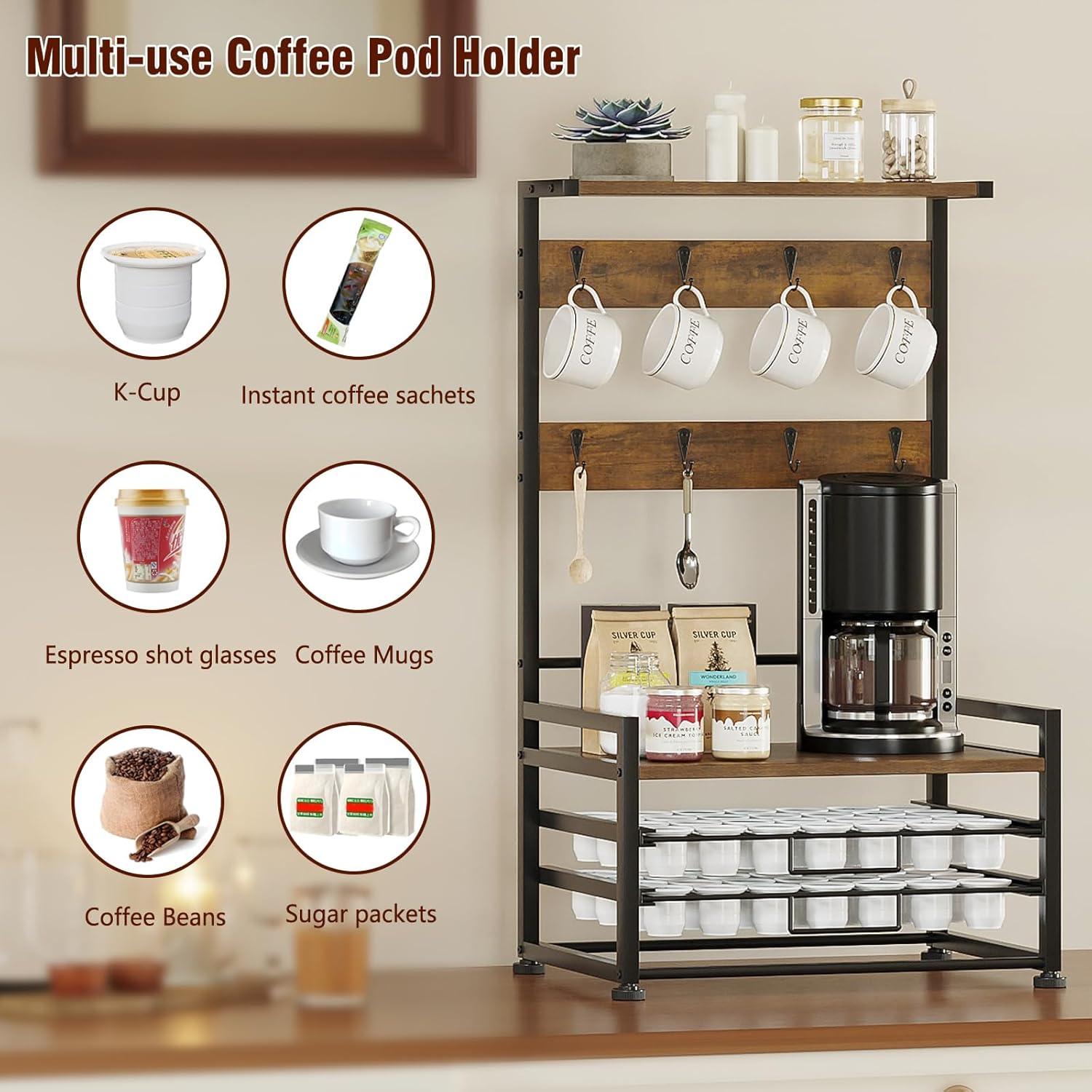 Porta Capsule Caffè 3 Ripiani con Cassetto, Marrone - immagine 6