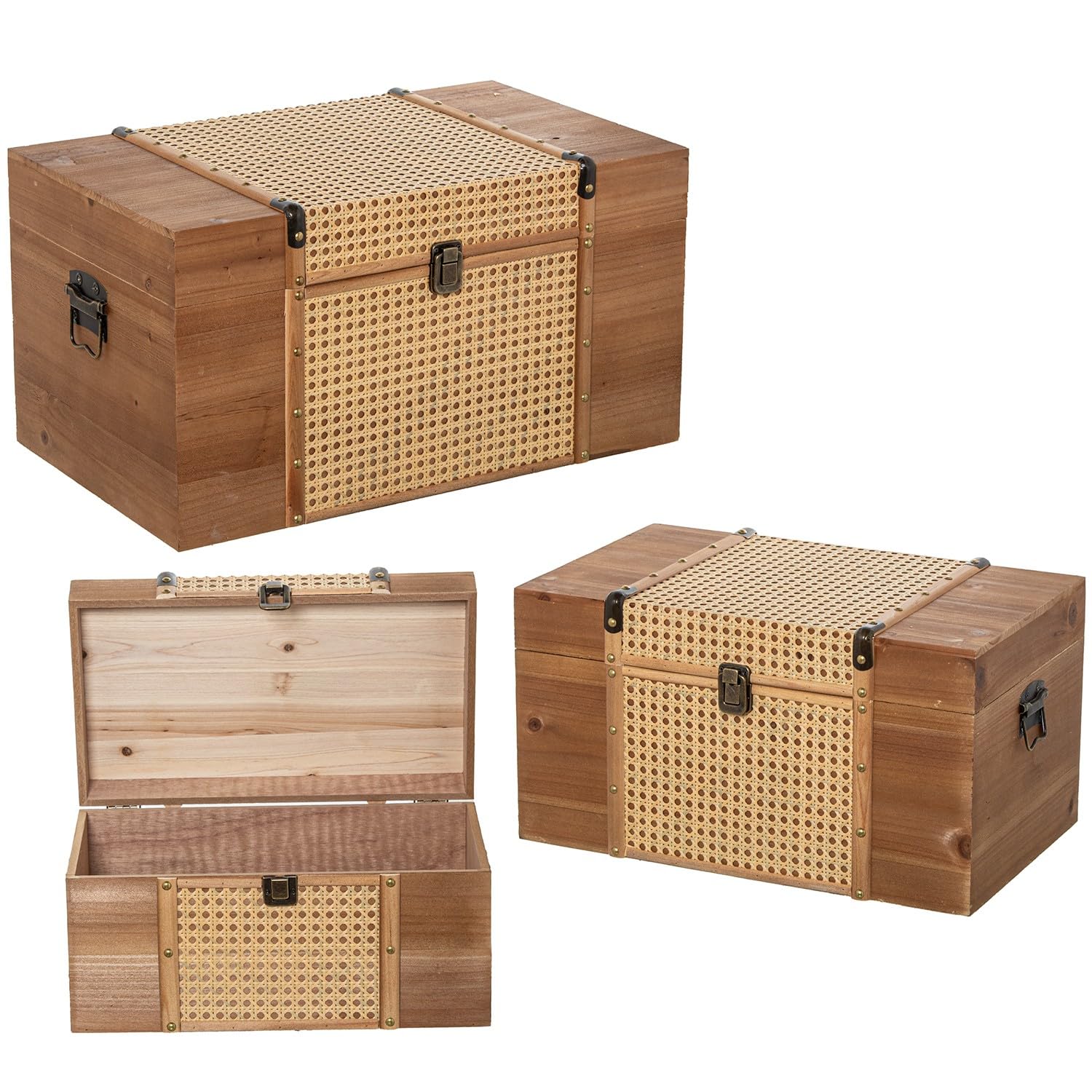 DRW Set di 3 bauli in legno e vimini in naturale 56x30x34 cm