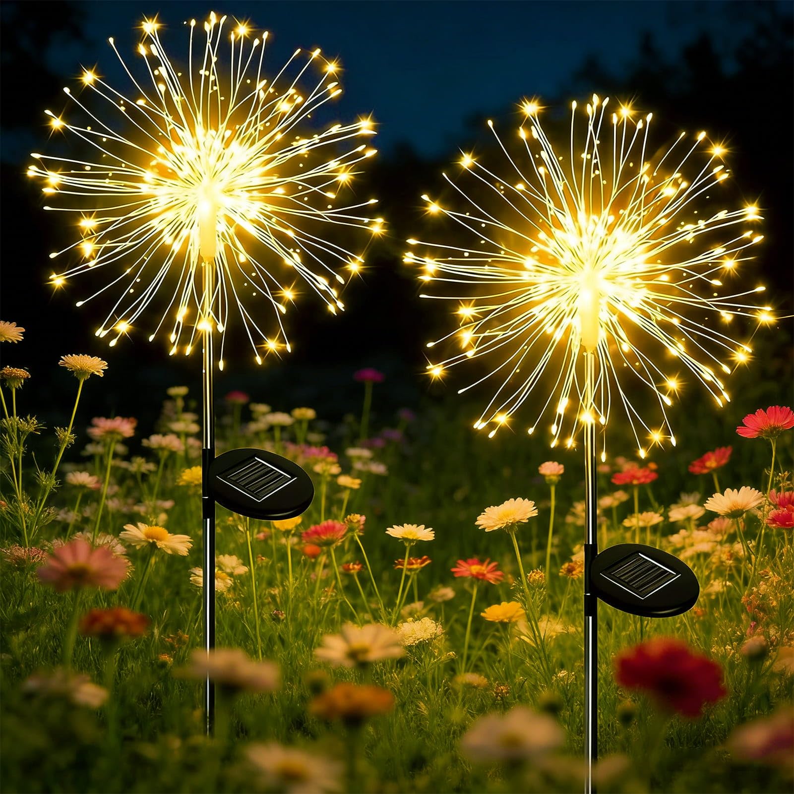 Luci Solari Giardino Esterno, 2 Pezzi 120 LED Fuochi D'artificio Solari IP65 Impermeabile 8 Modalità Decorative Lampade per Vialetto Prato Cortile Aiuola Matrimonio Feste
