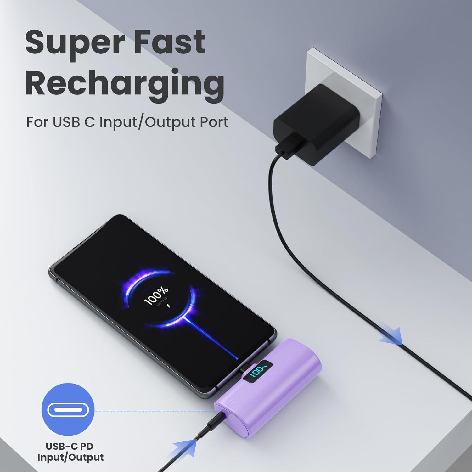 Power Bank 5200mAh Ultra-compatto USB C PD, Viola - immagine 5