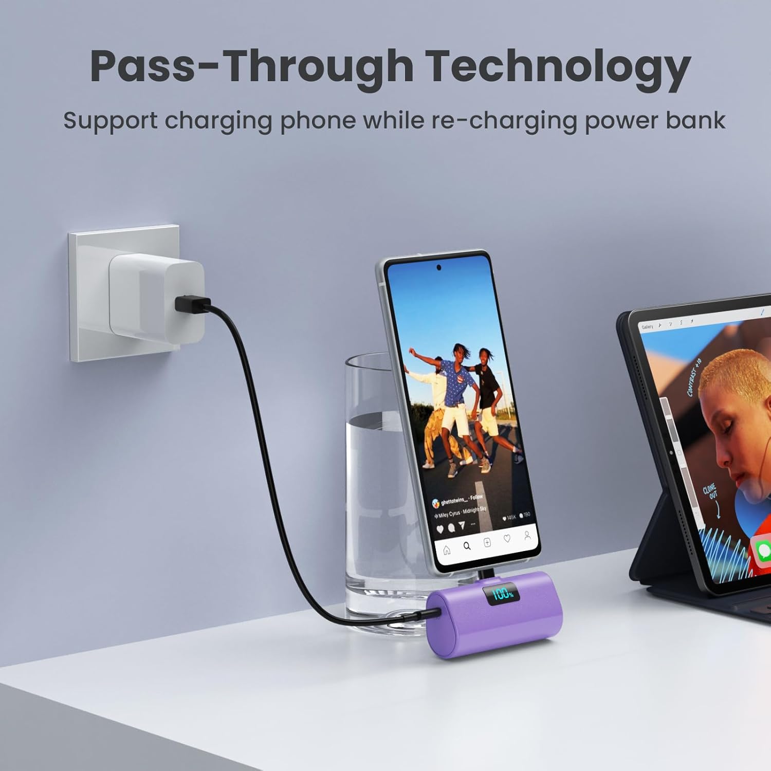 Power Bank 5200mAh Ultra-compatto USB C PD, Viola - immagine 6