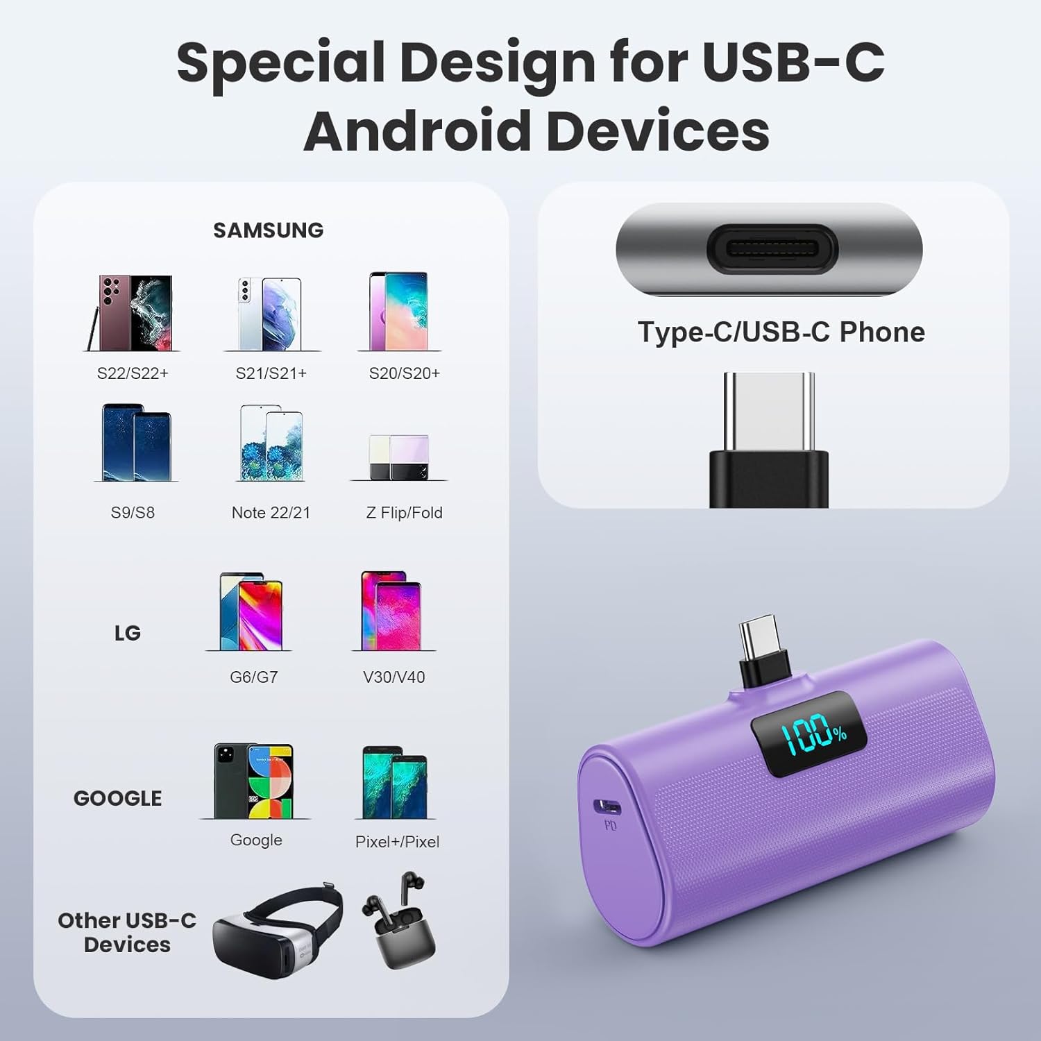 Power Bank 5200mAh Ultra-compatto USB C PD, Viola - immagine 7