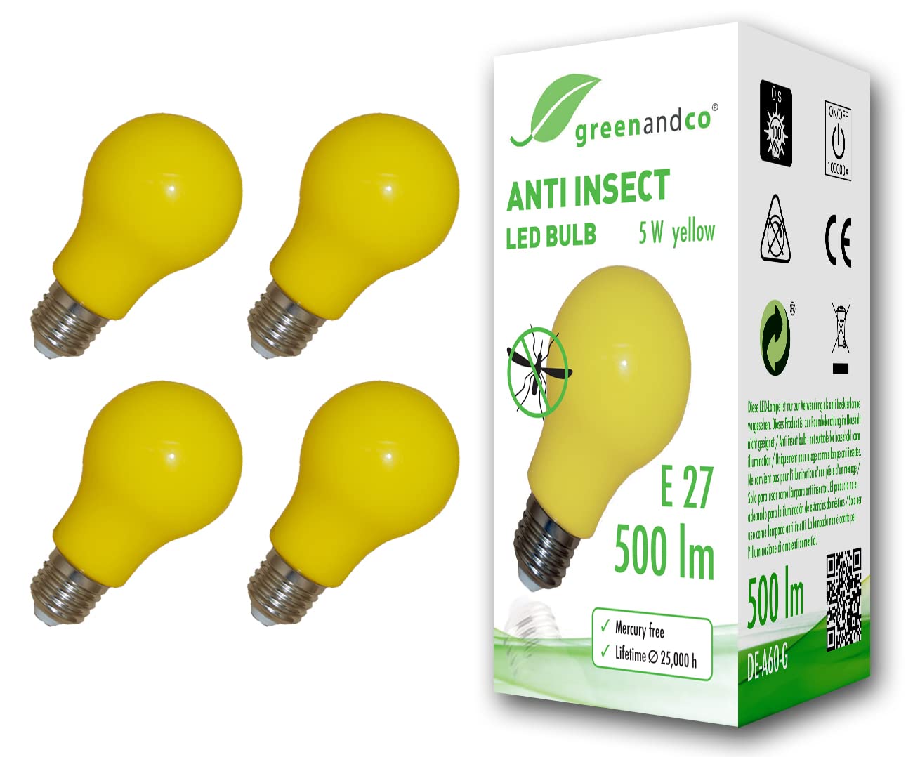 Greenandco 4x Lampadina Anti Insetti E27 Gialla 5W