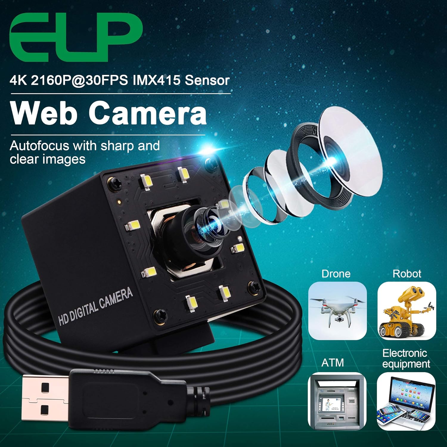 Elp Webcam 4K USB con Messa a Fuoco Automatica - immagine 7