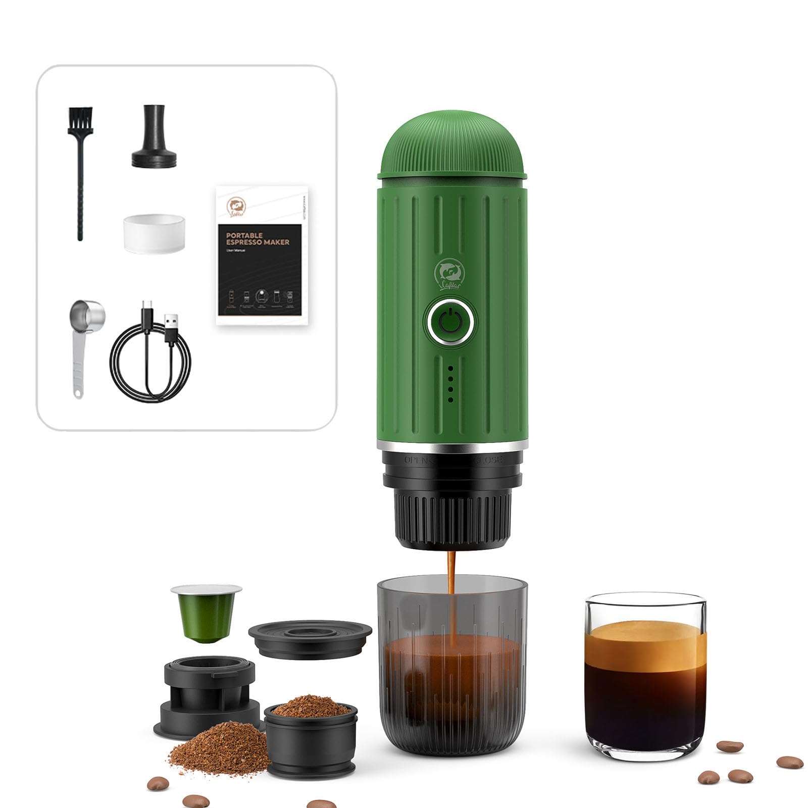 Macchina Espresso Portatile Elettrica Ricaricabile 12V, Verde