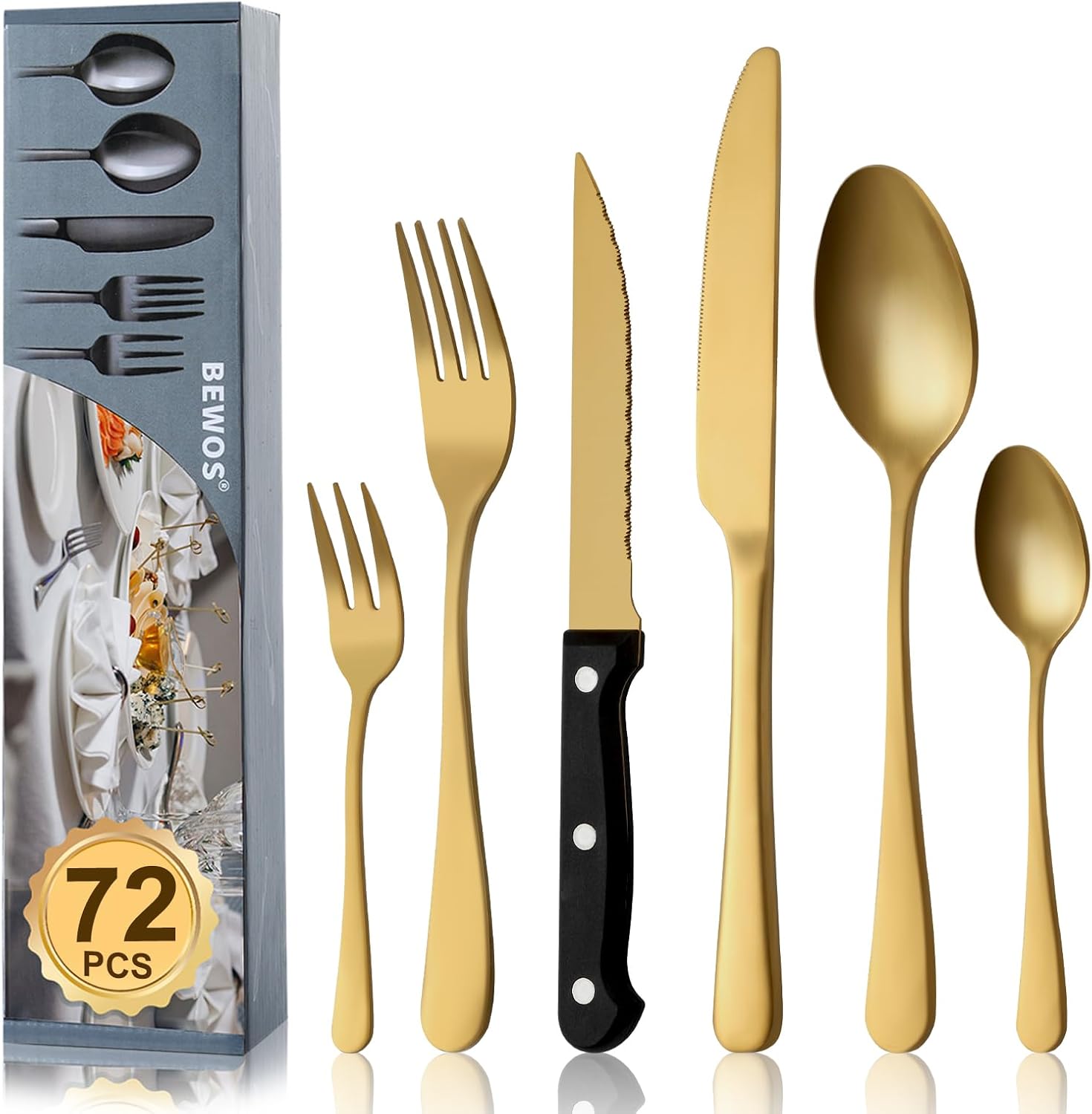 Bewos Set Posate 72 Pezzi per 12 Persone, Oro