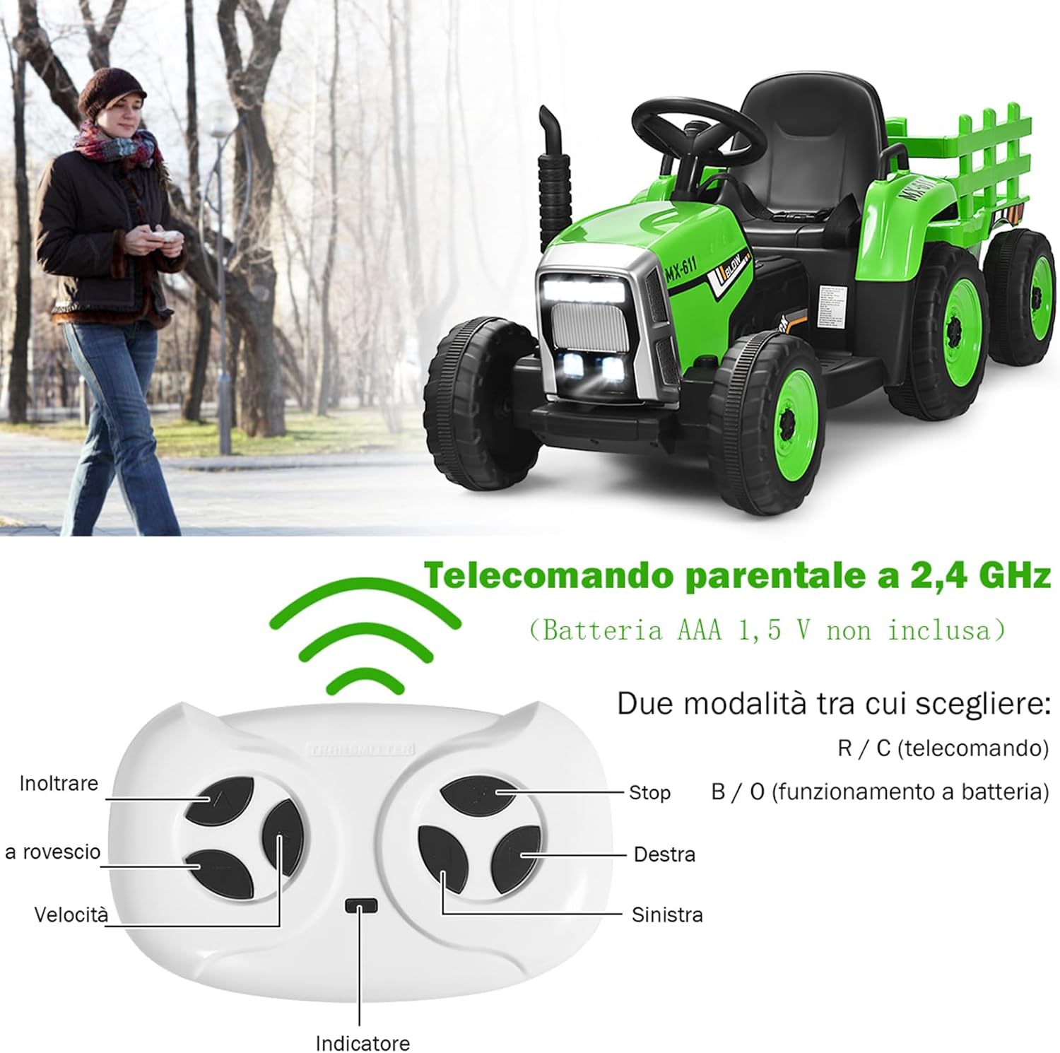Costway Trattore Cavalcabile Elettrico 12V con Rimorchio, Verde - immagine 3