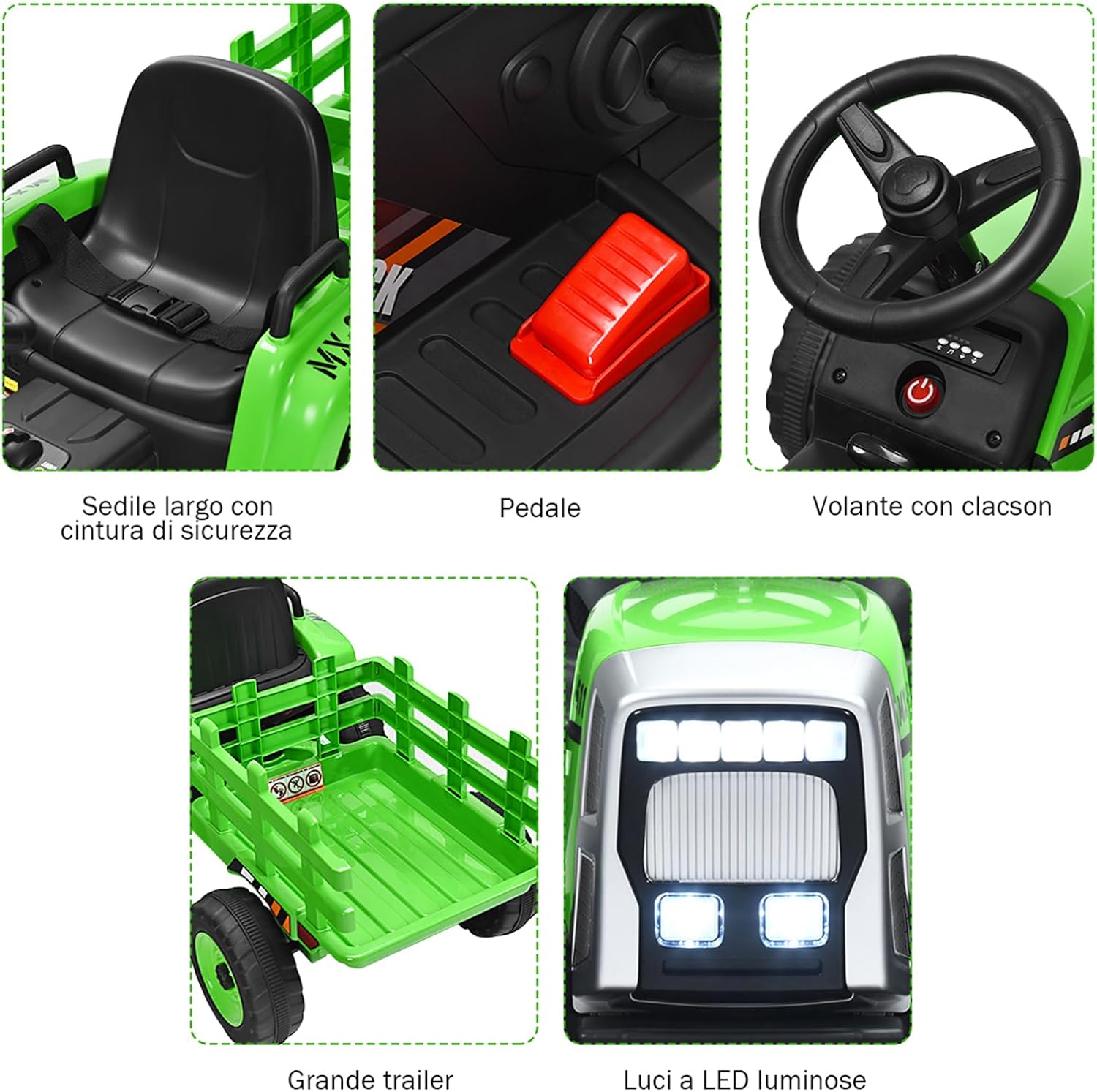 Costway Trattore Cavalcabile Elettrico 12V con Rimorchio, Verde - immagine 4