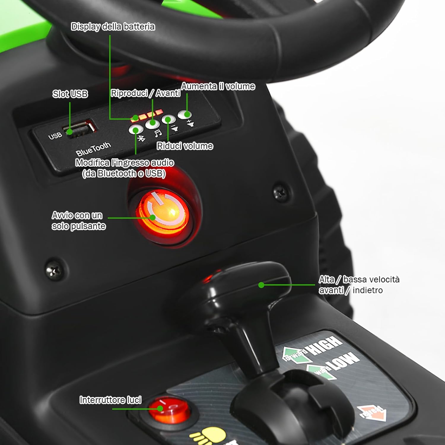 Costway Trattore Cavalcabile Elettrico 12V con Rimorchio, Verde - immagine 5