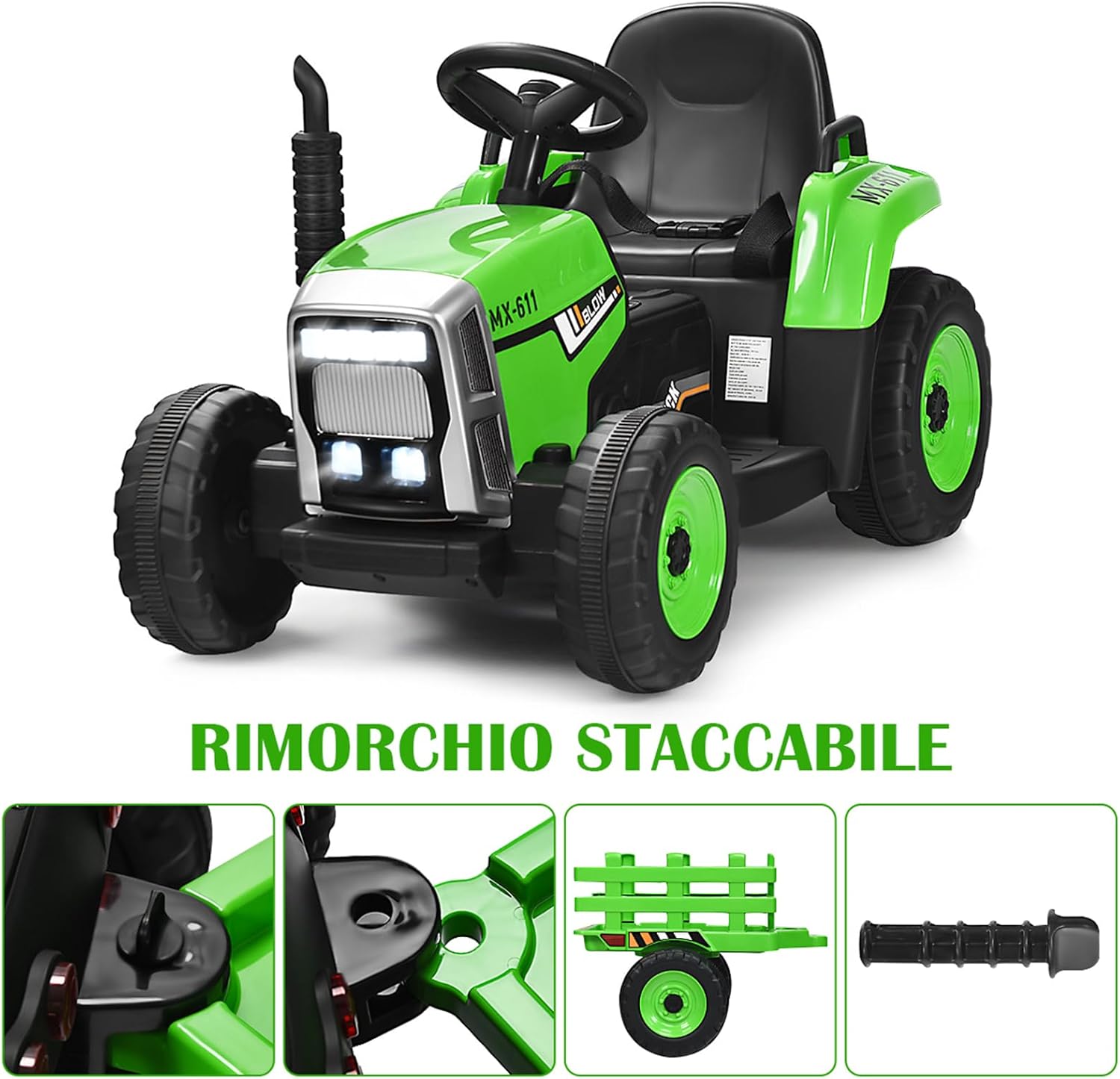 Costway Trattore Cavalcabile Elettrico 12V con Rimorchio, Verde - immagine 6