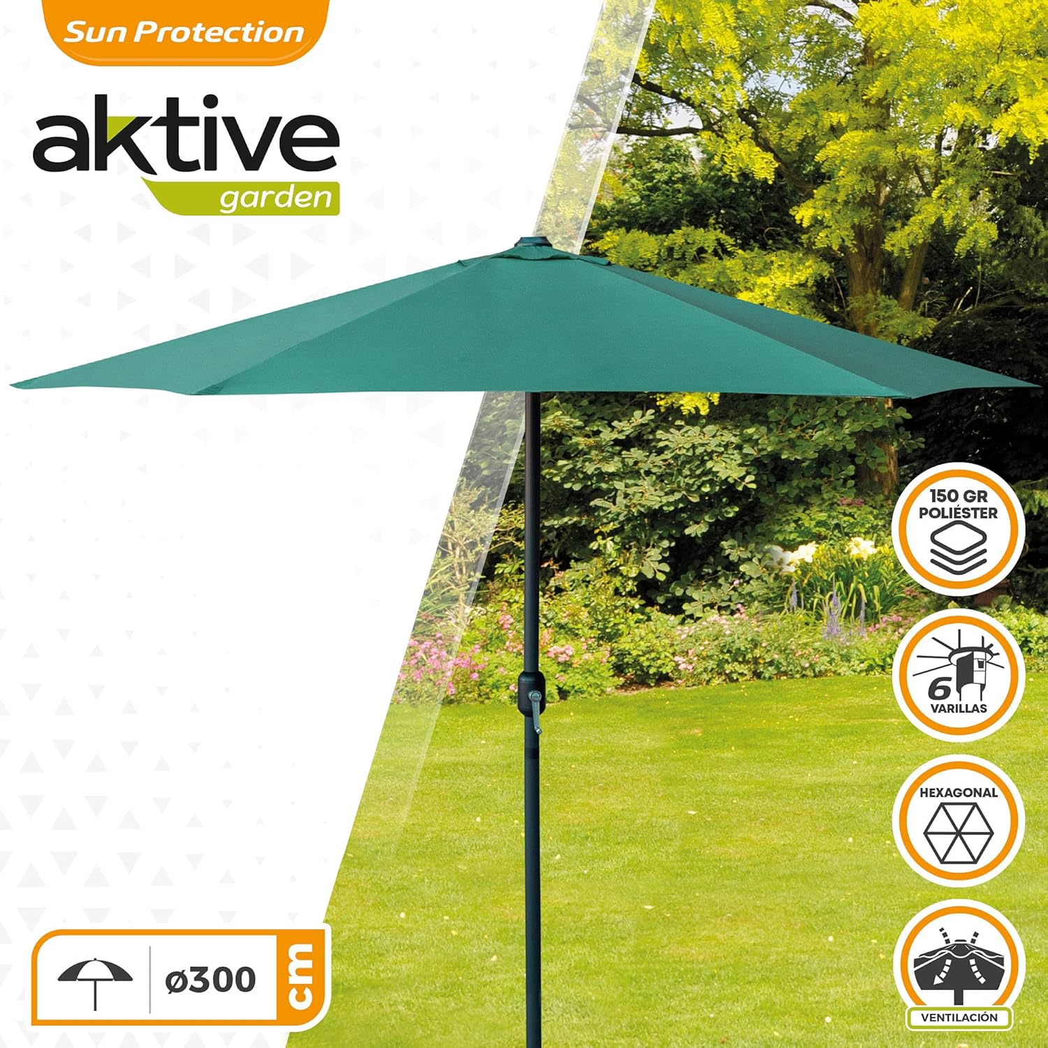 Aktive Ombrellone da Giardino Esagonale Ø 300 cm, Verde - immagine 2