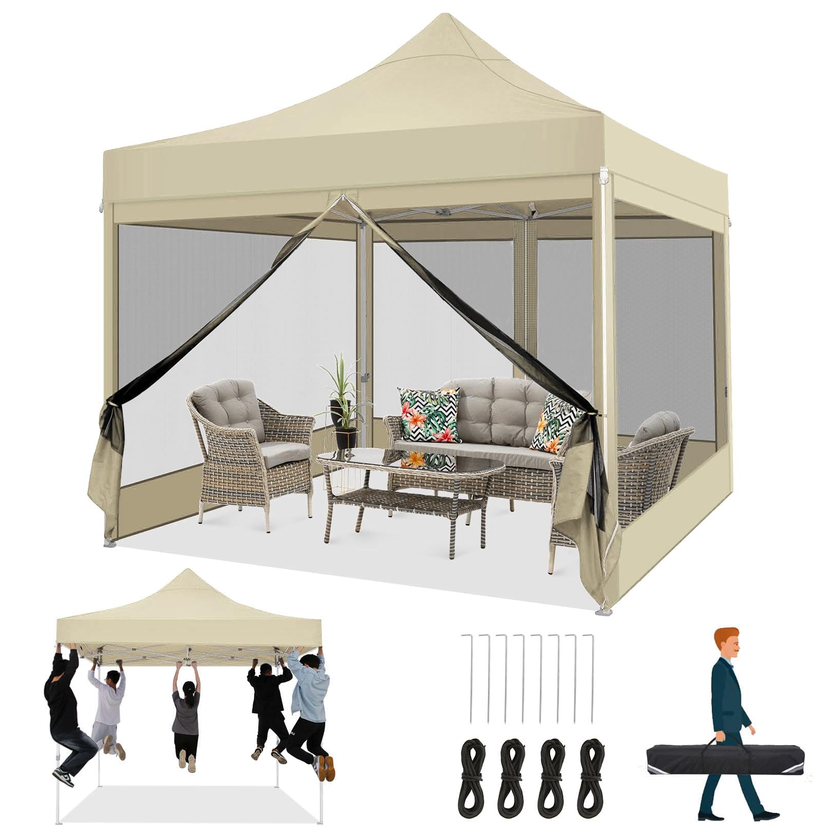 Cobizi Gazebo 3x3M Pieghevole Impermeabile con Zanzariera, Kaki