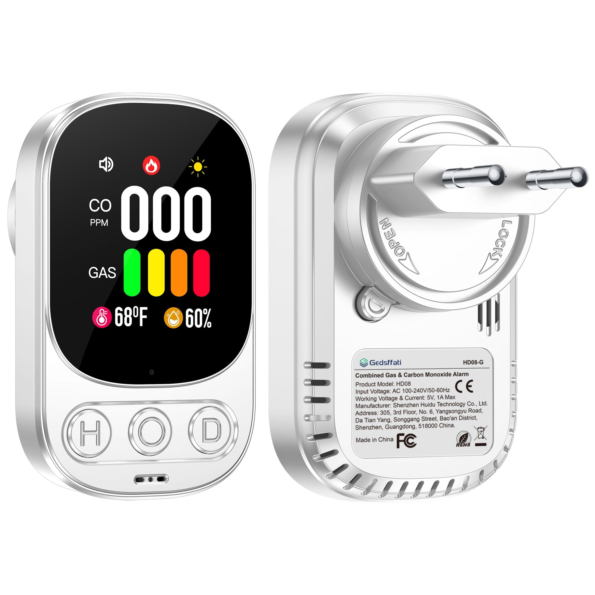 Gedsffati Rilevatore Gas e Monossido di Carbonio con Spina