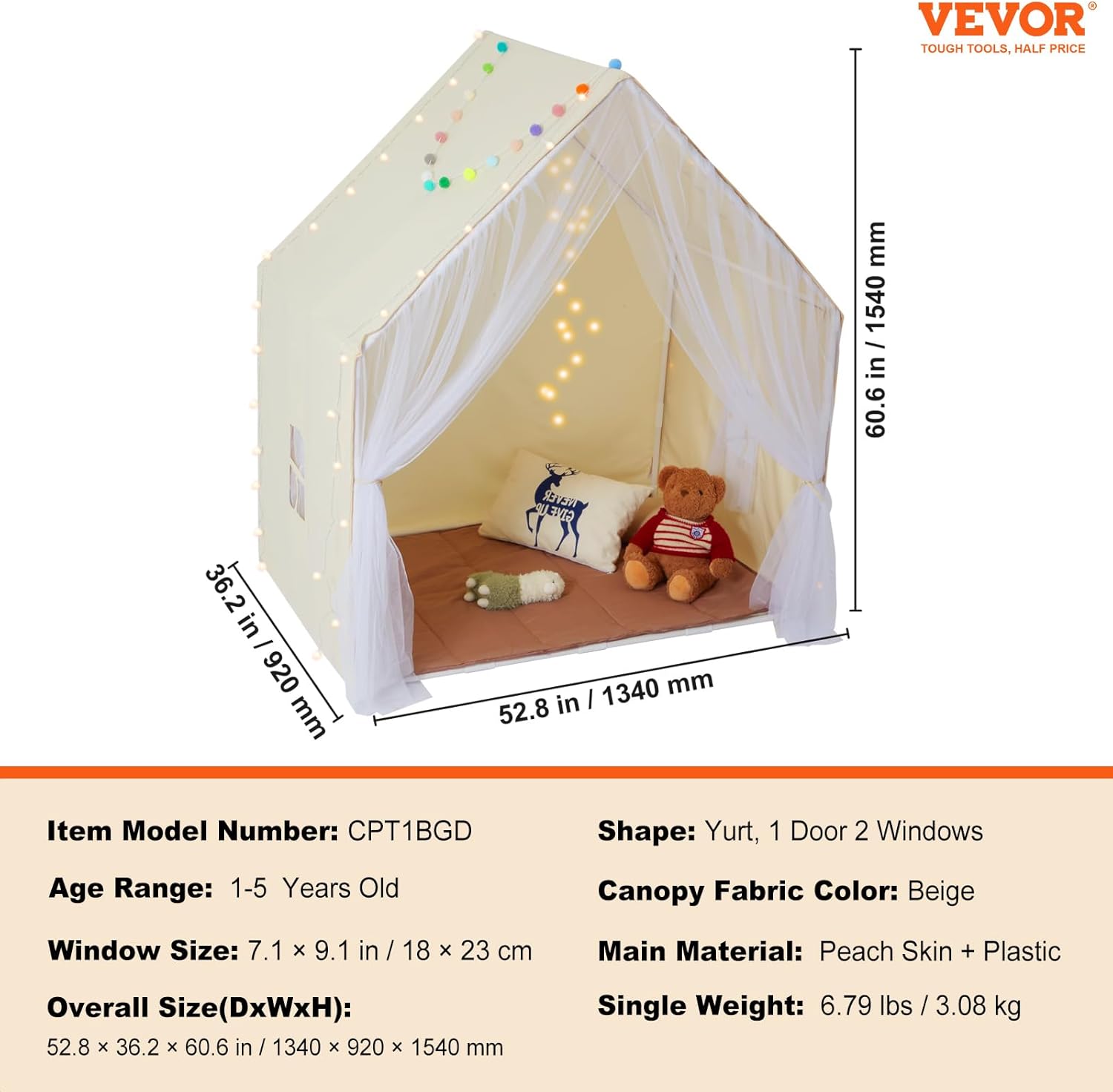 Vevor Tenda da Gioco per Bambini 1340x920x1530mm, Beige - immagine 7