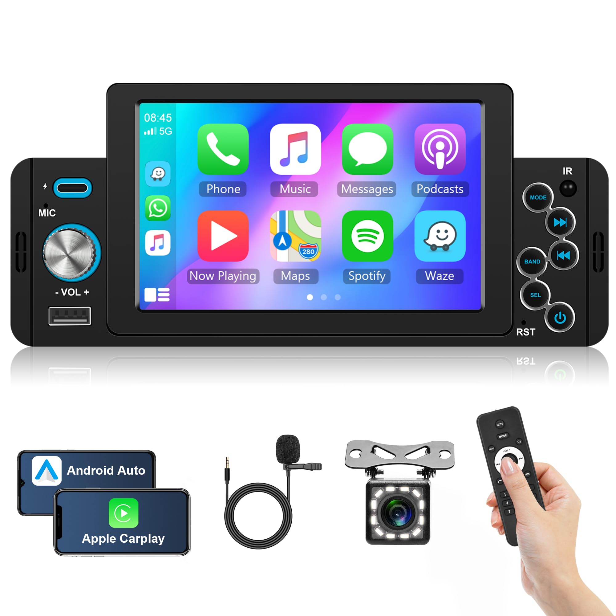 Autoradio 1 Din Carplay Android Auto Bluetooth 5 Pollici