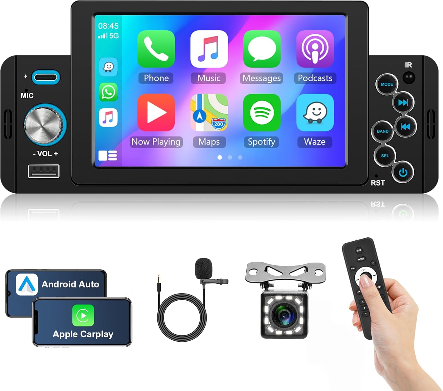 Autoradio 1 Din Carplay Android Auto Bluetooth 5 Pollici - immagine 1