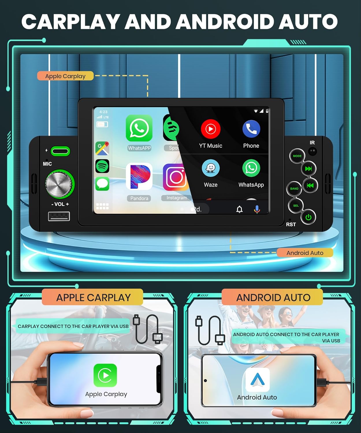 Autoradio 1 Din Carplay Android Auto Bluetooth 5 Pollici - immagine 2