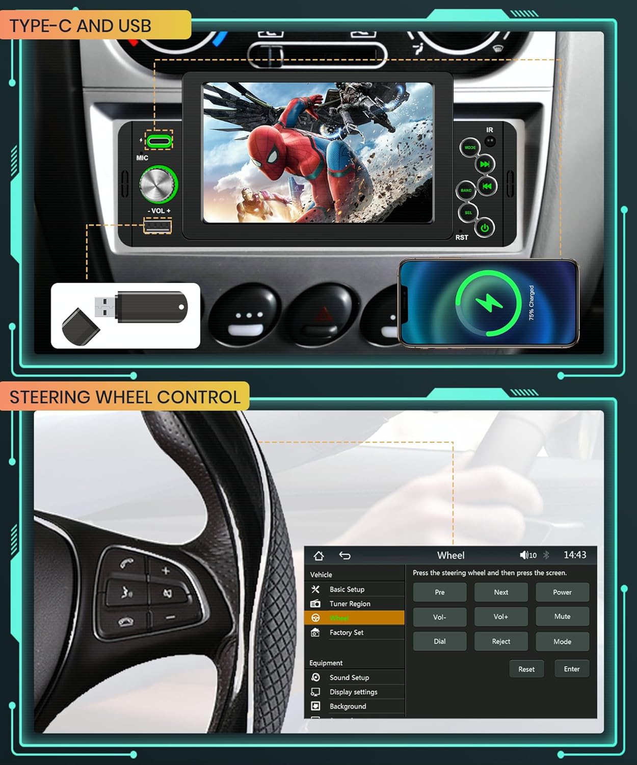 Autoradio 1 Din Carplay Android Auto Bluetooth 5 Pollici - immagine 6