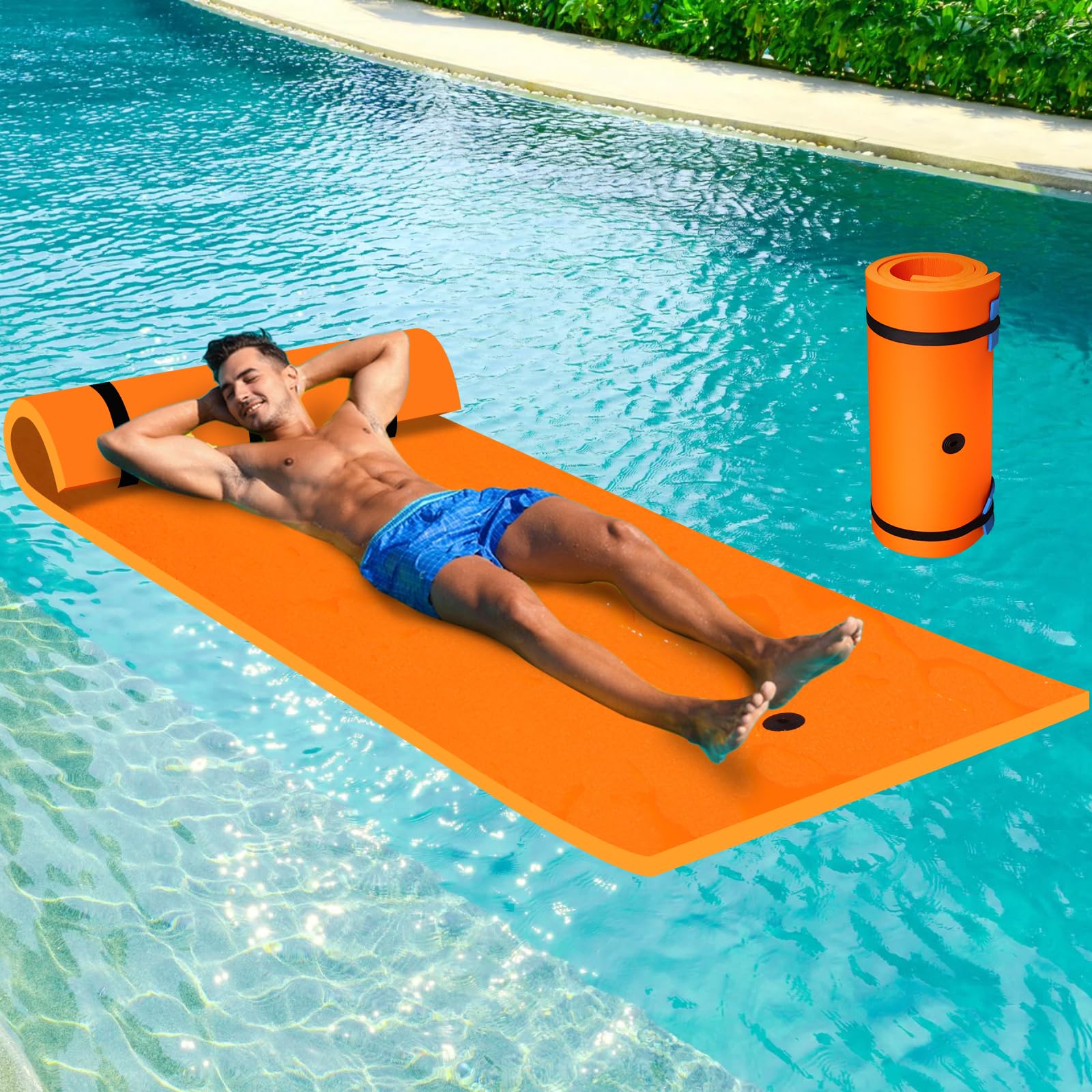 Tappeto Galleggiante XPE per Mare e Piscina, Materassino Galleggiante Amaca Acquatica con Portata, Alta Visibilità, Facile da Arrotolare per Piscina, Lago, Barca (Arancio/Blu)