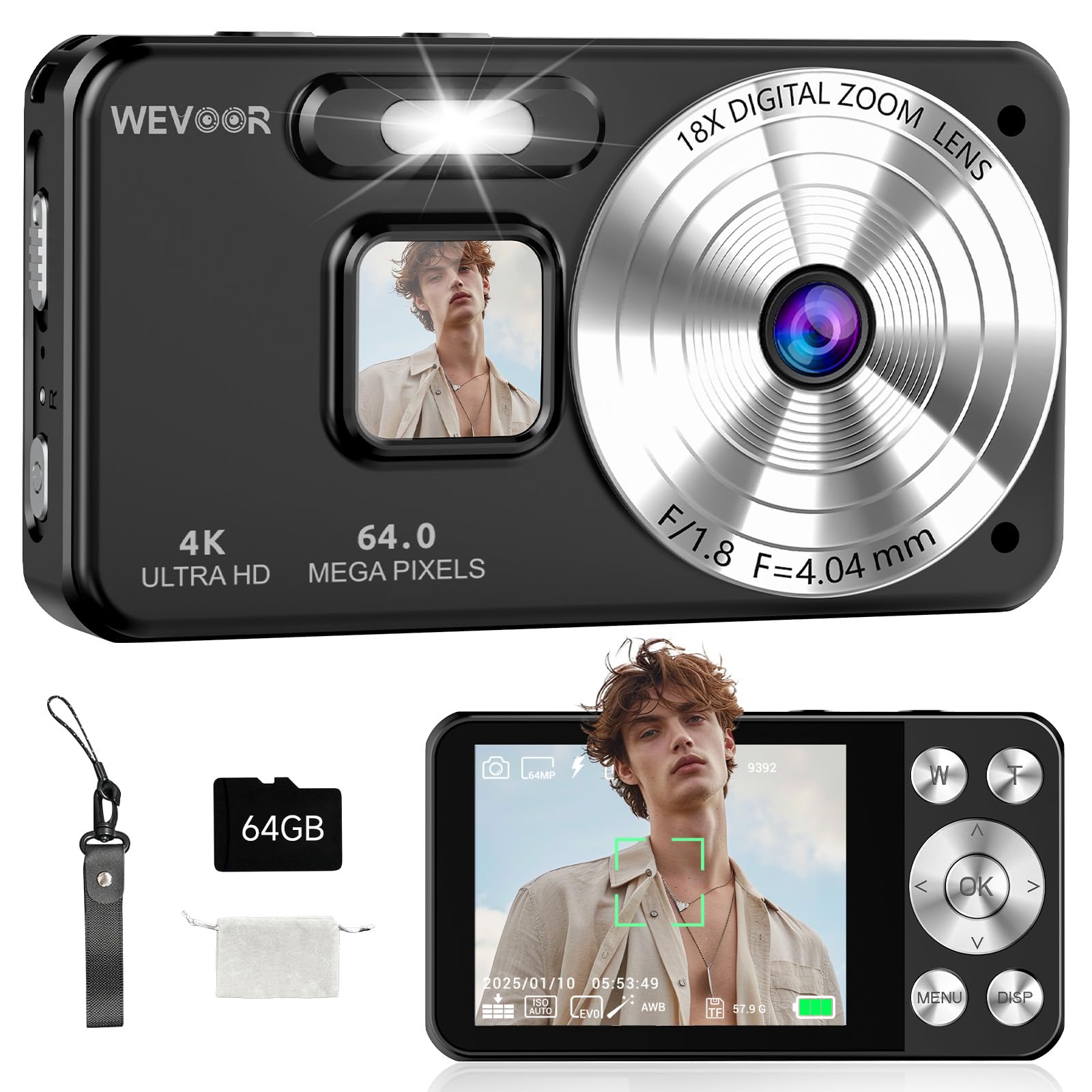 Wevoor Macchina Fotografica Digitale 4K 64MP, Nero