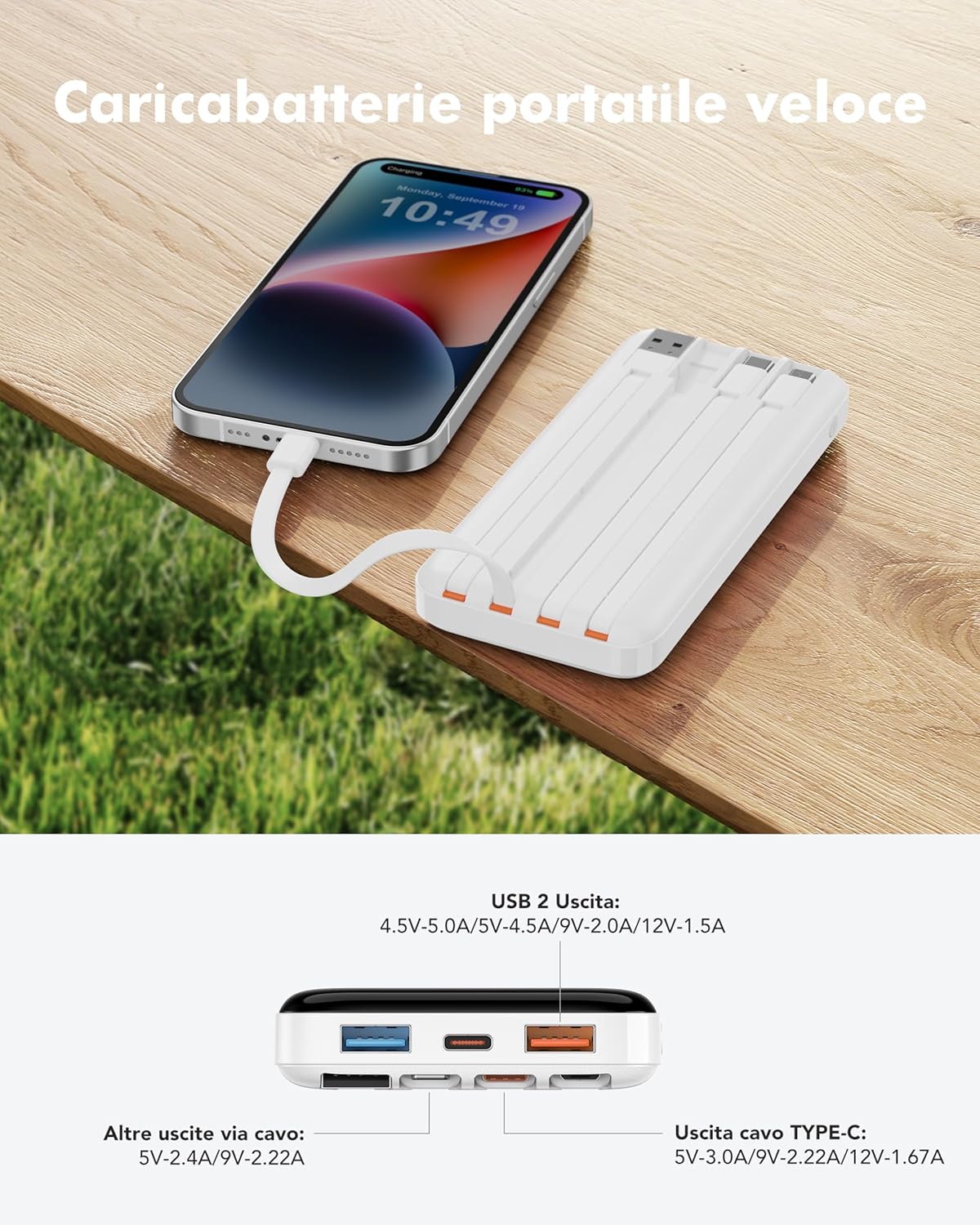 Charmast Power Bank 20000mAh con Cavi Integrati - immagine 4
