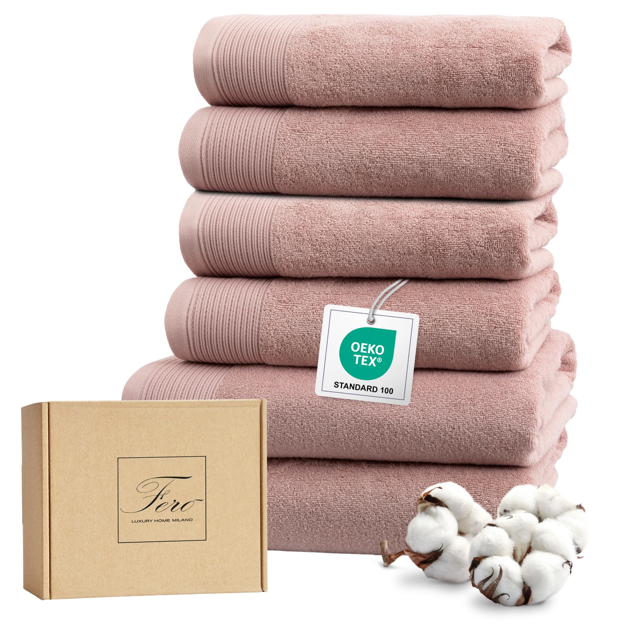 Ferò Set Asciugamani Bagno Grandi di Lusso 6 Pezzi, OEKO-TEX 100% Cotone Premium, 550 g/m², Ultra Morbido e Assorbente, 2 Asciugamani Doccia 70x140, 4 Asciugamani Viso 50x100, Rosa