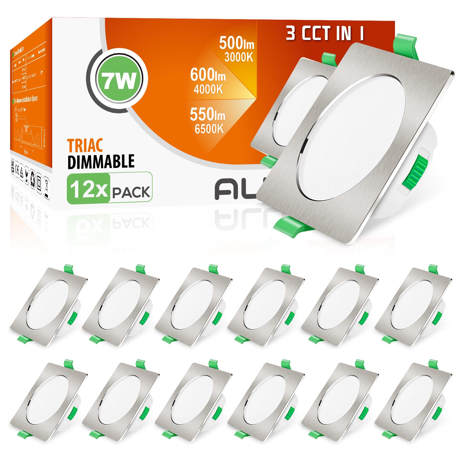 Alusso Faretti LED da Incasso Dimmerabili 7W IP44, Set 12