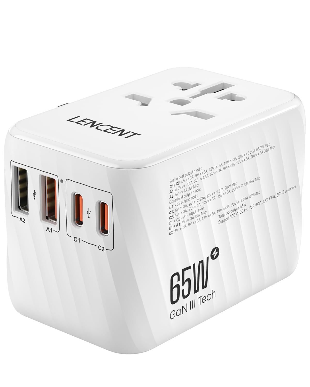 Lencent GaN3 65W Adattatore da Viaggio Universale Bianco