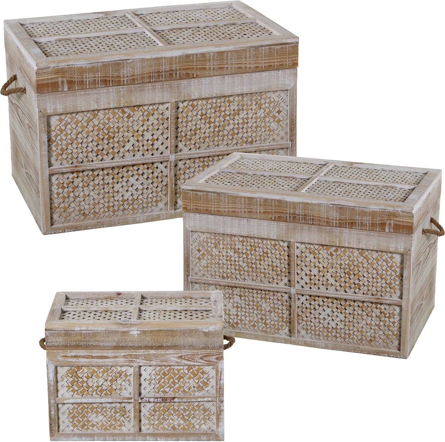 DRW Set di 3 bauli in legno bianco decapato 60 x 40 x 40 cm